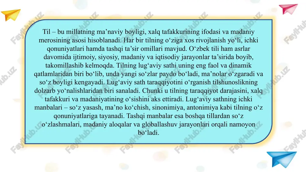 ‘aviy sath lingvistik tadqiqotlarning eng muhim obyektlaridan biri hisoblanadi. lug‘aviy sath taraqqiyotining ichki manbalari tilning lug‘aviy sathi doimiy harakatda bo‘lib, uning rivojlanishida ichki manbalar alohida o‘rin tutadi. ichki taraqqiyot manbalari deganda tildagi mavjud so‘zlar asosida yangi birliklarning yaratilishi, ma’no o‘zgarishlari va grammatik shakllanishlar tushuniladi. bu jarayon tildagi tabiiy rivojlanish qonuniyatlariga tayanadi va xalq tafakkuri, nutq amaliyoti orqali shakllanadi. ichki taraqqiyot tilning o‘z ichki imkoniyatlaridan kelib chiqib, so‘z boyligini kengaytiradi. tilshunoslikda bu jarayon “ichki lingvistik dinamika” deb ham ataladi. uning natijasida til o‘z mustaqilligini saqlab, yangiliklarni o‘z qoidalari asosida qabul qiladi. tilning ichki taraqqiyotida eng faol omillardan biri — so‘z yasashdir. so‘z yasash orqali yangi tushunchalar ifodalanadi, tilning leksik tarkibi boyiydi. shu bilan birga, so‘zlarning ma’nosi kengayishi yoki ko‘chishi jarayonlari ham muhimdir. bunday semantik kengayish tilni yanada obrazli va boy qiladi. ma’no ko‘chish (metafora, metonimiya) esa so‘zning yangi vazifalarda ishlatilishiga imkon yaratadi. masalan, “bosh” so‘zi avval inson a’zosi ma’nosini bildirgan bo‘lsa, …