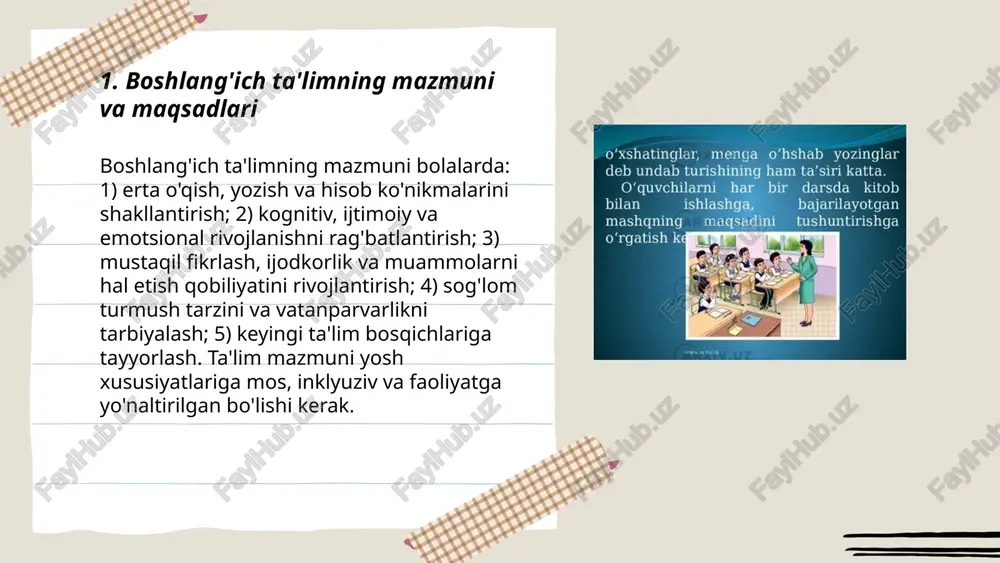fferensial yondashuv, baholash bilan uyg'unlik, milliy ta'lim standartlariga muvofiqlik, mavzular bo'yicha vaqt taqsimoti, resurs va metodik ta'minot, o'qituvchi hamkorligi, madaniy va mantiqiy bog'liqlik, doimiy qayta ko'rib chiqish va yangilanish tamoyillarini o'z ichiga oladi. ... t.me/slaydai_bot kompetensiyaga yo'naltirilgan mazmun va baholash boshlang'ich ta'limda asosiy kompetensiyalarni aniqlab, o'quv natijalarini amaliy ko'nikma, fikrlash, kommunikatsiya va ijtimoiy mas'uliyatga bog'laydi. baholash shakllari formatif va summativ, kriteriyaga asoslangan, portfolyo, bajarilgan vazifa va rubrikalar orqali amalga oshiriladi. doimiy kuzatuv, qayta aloqa, o'zini-o'zi va tengdoshlar bahosi o'quv jarayonini individualizatsiya va differensiyalash orqali rivojlantirishga xizmat qiladi. mazmun mavzulararo integratsiya va standartlarga moslikni ta'minlaydi. boshlang'ich ta'lim mazmuni va mohiyati boshlang'ich sinflarda ta'lim tamoyillari va qonuniyatlari mizamova sabrina e'tiboringiz uchun raxmat! image1.png image2.png image3.png image4.jpg image5.png image6.jpg image7.jpg o‘xshatinglar, menga o‘hshab yozinglar deb undab turishining ham ta’siri katta. o‘quvchilarni | bir darsda kitob bilan ishla: bajarilayotgan mashgning maq tushuntirishga o‘rgatish kq boshlang ‘ich talim pedagogikasi fakulteti 101-guruh talabasi eshquvvatova gning darslik …