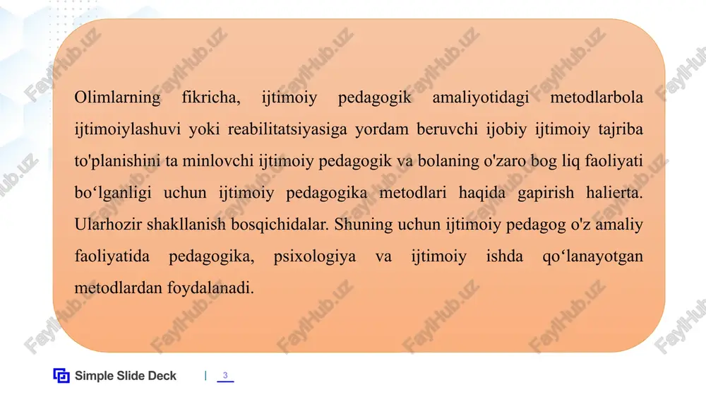 oiy pedagogik g’oyalari. simple slide deck 9 mashxur olim al-xorazmiy (783 — 850 y.) asarlari yorqin didaktik tavsifga egadir. u savol-javob metodi orqali bilim kiritilishi, bu jarayonda shaxs boshqalar bilan munosabatlarga kirishishi va jamiyatning faol a’zosiga aylanishini ta’kidlagan. buyuk qomusiy olim abu rayhon beruniy (973 — 1050 y.) ta’lim jarayonida qo‘llaniladigan ilmiy usullarni ishlab chiqqan. u, shuningdek, ta’lim tamoyillarini ham tasniflagan. allomaning pedagogik qarashlarini ijtimoiy yo‘naltirilishi axloqni ijtimoiy xususiyatlar va hissiyotlarning ifodasi sifatida tushunganligida o‘z ifodasini topgan. uning tarbiya, shaxsning shakllanishida va jamiyatdagi amaliy faoliyat uchun ilm va mehnatning ahamiyati haqidagi g‘oyalari hozirgacha o‘z ahamiyatini saqlab qolgan abu ali ibn sino (980 —1037 y) o‘z davrining barcha bilim sohalarini qamrab oluvchi katta ilmiy bilm qoldirgan bo‘lib, uning barcha asarlarida pedagogik g‘oya mavjud. olimning bilim, iroda va insonning rivojlanish jarayonidagi maqsadga intiluvchanligi, atrof muhit ta’siri, axloqiy va mehnat tarbiyasi, muomala san’ati,bolalarni jamoada o‘qitish haqidagi g‘oyalari hozir ham nihoyatda muhim hisoblanadi. simple …