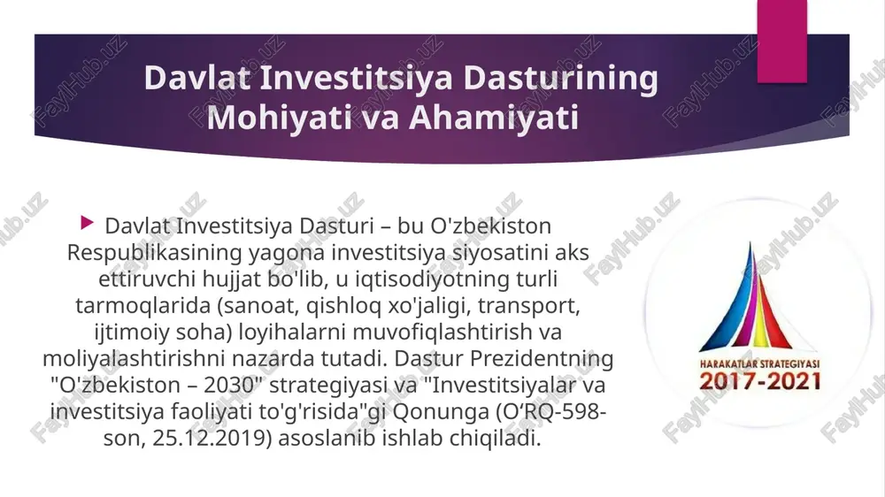 r marta, odatda dekabr oyida amalga oshiriladi. misol: pf-5495-son farmon bilan 2018-yil dasturi tasdiqlangan davlat investitsiya dasturining shakllantirish tartibi 4. monitoring va hisobot: dastur amalga oshirilishi kuzatiladi, zarur o‘zgarishlar kiritiladi va yillik hisobotlar tayyorlanadi. bu jarayon investitsiyalar vazirligi va jamg‘arma tomonidan doimiy ravishda olib boriladi. misol: 2019-yilda monitoring natijasida investitsiya hajmi 70% ga oshirilgan. xulosa davlat investitsiya dasturi o'zbekistonning iqtisodiy mustaqilligini mustahkamlash va global raqobatbardoshlikni oshirishda asosiy vositadir. uning maqsadlari iqtisodiy o'sish va ijtimoiy farovonlikka, shakllantirish tartibi esa shaffoflik va samaradorlikka asoslangan. 2025-yilga kelib, dastur orqali 20 milliard dollardan ortiq investitsiya jalb etilishi kutilmoqda. ushbu islohotlar mamlakatimizni markaziy osiyoning investitsiya markaziga aylantirishga xizmat qilmoqda. image1.jpeg image2.jpeg image3.jpeg image4.jpeg 3017 strategiyasi \ 2017-2021 / /docprops/thumbnail.jpeg mayzu: daviat investitsiya dasturining magsadi va shakllantrish fartibi