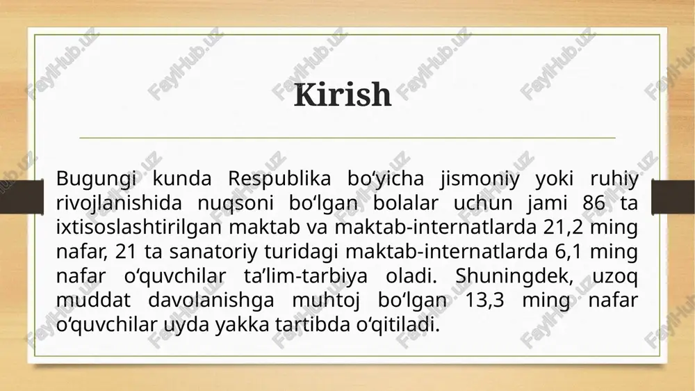 1989 yil) “nogironlar huquqlari to‘g‘risida”gi deklaratsiya (1975 yil) “ta’lim hamma uchun” umumjahon deklaratsiyasi (1990 yil) salamanka bayonoti (1994 yil) dakar deklaratsiyasi (2000 yil) o’zbekiston miqyosida: “nogironlarni ijtimoiy himoya qilish to‘g‘risida”gi qonun (1991 yil) o‘zbekiston respublikasi konstitutsiyasi (1992yil) “talim to‘g‘risidagi” qonun (2020yil) “ta’lim hamma uchun” milliy dastur rejasi (2003yil) “imkoniyati cheklangan bolalar va o‘smirlar uchun inklyuziv talim muvaqqat nizomi” (2005 yil) “ijtimoiy himoya” yili davlat dasturi (2007yil) asosiy yondashuvlari: - individual reja: tibbiy (dori-darmon, fizioterapiya), pedagogik (o'yinlar, individual mashg'ulotlar), psixologik (motivatsiya). - usullar: ludik faoliyatlar (o'yinlar), maktab mazmunini moslashtirish, oila-muassasa hamkorligi. - xorijiy tajriba: daniyada kasalxona o'qituvchilari, aqshda psixoterapiya bilan birlashtirilgan. e’tiboringiz uchun tashakkur! image5.png image6.png image7.jpeg image8.jpeg image9.jpeg image10.jpeg image11.jpeg image12.jpeg image13.png image14.jpeg image2.jpeg image3.png image4.png ba /docprops/thumbnail.jpeg mavzu: imkoniyati en ete n bolalar turlasi