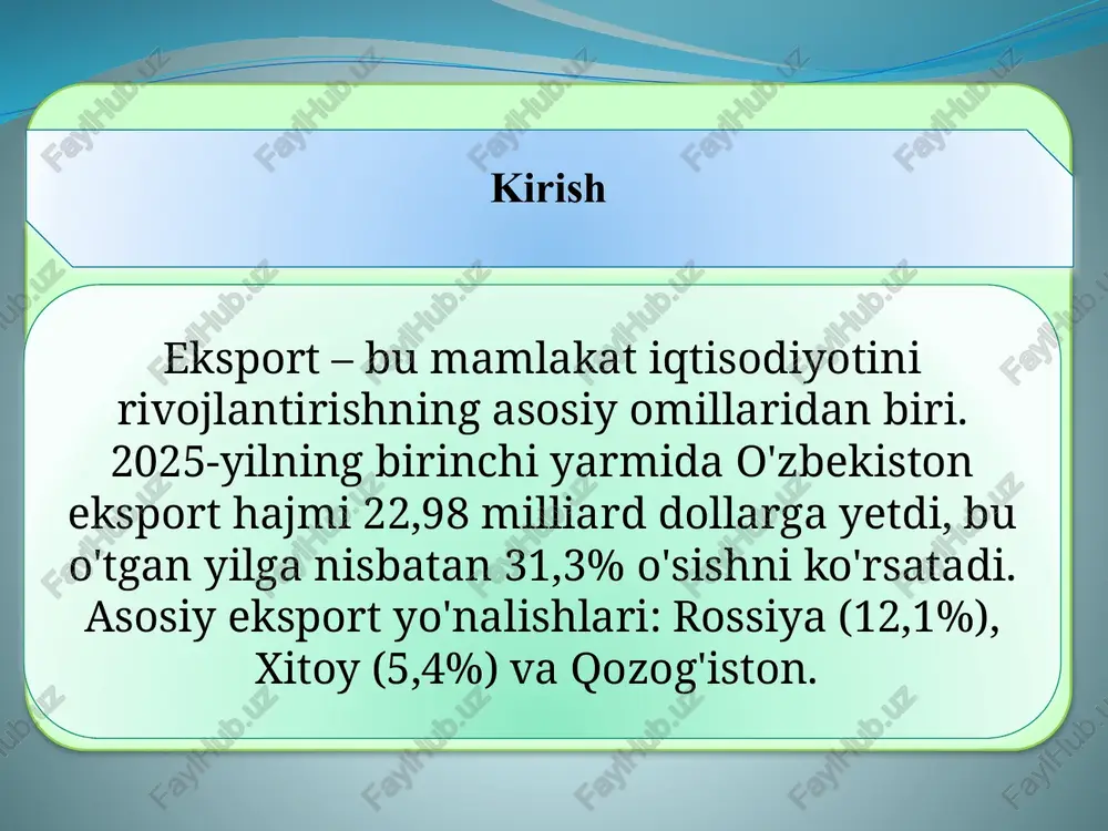 yo'l konosamenti; avto – cmr). - agentliklar: o'zstandart (standartlar), veterinariya qo'mitasi (oziq-ovqat uchun), bojxona qo'mitasi. xarajatlari: sertifikat – 100-500 usd; hujjat rasmiylashtirish – 50-200 usd. - vaqt: 5-10 kun. bojxona rasmiylashtiruvi va logistika fanning o'quv-metodik majmuasi fanning o'quv-metodik majmuasi tavsif: yuk bojxona postiga yetkaziladi, deklaratsiya topshiriladi (elektron shaklda, "eksport 3 qadamda" tizimi orqali). bojxona bojlari: ayrim xomashyo uchun 2025-yildan joriy etilgan (pf-47-son). - zarur hujjatlar: bojxona deklaratsiyasi, shartnoma nusxasi, sertifikatlar. - logistika: temir yo'l (asosan rossiyaga), avto yoki havo (yevropaga). tashish xarajatlari: 0,05-0,20 usd/kg (masofa bo'yicha). eksport shartnomalarining turlari 1. bevosita eksport — ishlab chiqaruvchi mahsulotni to‘g‘ridan-to‘g‘ri chet el xaridoriga sotadi. 2. vositali eksport — eksport faoliyati vositachi tashkilotlar (agent, broker, diler) orqali amalga oshiriladi. eksport shartnomalarining turlari 3. barter shartnomasi — tovar ayirboshlash asosida eksport qilinadi. 4. franchayzing yoki litsenziya asosidagi eksport — intellektual mulk yoki texnologiyalar eksporti. eksport faoliyatini rag‘batlantirish choralar fanning o'quv-metodik majmuasi fanning o'quv-metodik majmuasi 1. …