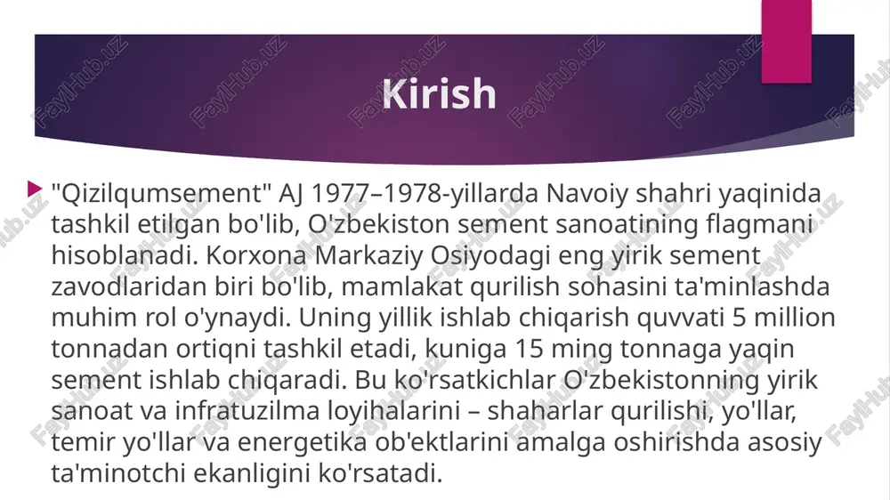 ri nazorat muallif va texnik nazoratni o'z ichiga oladi. sertifikatlash va jazo choralarida qonunbuzarliklar uchun jarimalar (250–300 bcv) va litsenziya bekor qilish ko'zda tutilgan. xorijiy normalar (eurokodlar) 2028 yil oxirigacha qo'llanilishi mumkin, ammo mijoz hisobidan. qurilish sohasining me'yoriy-huquqiy asoslari "qizilqumsement" ajning tashkiliy tuzilmasi "qizilqumsement" ajning tashkiliy tuzilmasi aksiyadorlik jamiyati sifatida standart shaklga ega bo'lib, samarali boshqaruv va ishlab chiqarish jarayonlarini ta'minlaydi. korxonaning rahbari – bosh direktor melnikov sergey nikolayevich. umumiy xodimlar soni 2300 nafar atrofida bo'lib, ular orasida yuqori malakali mutaxassislar, ishchilar va xizmat ko'rsatish xodimlari bor. tashkiliy tuzilma quyidagi asosiy bo'limlarga bo'linadi: eksport faoliyati korxona o‘z mahsulotlarini quyidagi mamlakatlarga eksport qiladi: qozog‘iston tojikiston turkmaniston afg‘oniston qirg‘iziston eksport hajmi yildan yilga ortib bormoqda, bu esa korxonaning xalqaro bozordagi raqobatbardoshligini oshirmoqda. boshqaruv kengashi va ijroiya rahbariyat: strategik qarorlar qabul qilish, investitsiyalar va rivojlanish rejalari bilan shug'ullanadi. "qizilqumsement" ajning tashkiliy tuzilmasi ishlab chiqarish bo'limi: to'rt ta ishlab chiqarish liniyasi (diametri 4,5–6,4 m …
