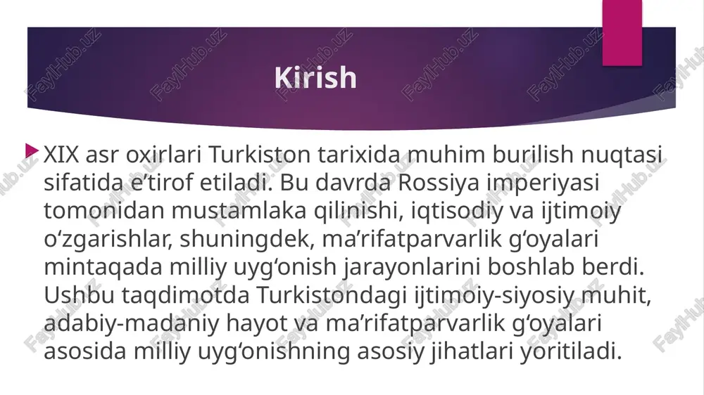 ligi va davlat boshqaruvi haqida fikrlar bildirilgan jadidchilik harakati: - jadidlar an’anaviy madrasa ta’limi o‘rniga yangi usul maktablarni (usul-i jadid) joriy qildilar. bu maktablarda dunyoviy fanlar – matematika, tabiatshunoslik, geografiya o‘qitildi. - toshkent, samarqand va andijonda jadid maktablari ochildi. masalan, 1890-yillarda toshkentda bir nechta yangi usul maktablari tashkil etildi. - jadidlar o‘zbek, qozoq, qirg‘iz va boshqa xalqlarning tilida darsliklar chop etishga harakat qildilar. xix asr oxirlarida turkistonda ma’rifatparvarlik g‘oyalari ziyolilarning faoliyati: - ma’rifatparvarlar orasida mahmudxo‘ja behbudiy, munavvarqori abdurashidxonov va abdulla avloniy kabi shaxslar muhim rol o‘ynadi. - behbudiy “oyna” jurnalini (1913-yilda asos solingan, ammo bu davrda faoliyatining boshlang‘ich shakllari mavjud edi) tashkil etib, xalqni ma’rifatli bo‘lishga undadi. - jadidlar ayollar ta’limi va tengligini targ‘ib qildilar, bu o‘sha davr uchun inqilobiy g‘oya edi. xix asr oxirlarida turkistonda ma’rifatparvarlik g‘oyalari xulosa xix asr oxirlarida turkistonda milliy uyg‘onish jarayonlari mustamlaka boshqaruvi sharoitida boshlandi. ijtimoiy-siyosiy muhitdagi o‘zgarishlar, adabiy-madaniy hayotdagi yangilanishlar va ma’rifatparvarlik g‘oyalari bu …