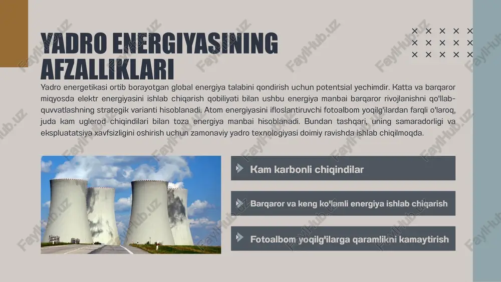 bli, uni qayta ishlash juda qattiq texnologiya va tartiblarni talab qiladi. atom energiyasidan foydalanishdagi eng katta muammolardan biri radioaktiv chiqindilarni boshqarishdir. bu chiqindilar radiatsiya bilan ifloslangan yadro yoqilg'isi va reaktor komponentlaridan kelib chiqadi. bu juda xavfli va minglab yillar davom etishi mumkinligi sababli, uni qayta ishlash juda qattiq texnologiya va tartiblarni talab qiladi. kam faol chiqindilar o'rta faollikdagi chiqindilar yuqori faollikdagi chiqindilar chuqur geologiya ombori yadro texnologiyasidagi innovatsiyalar yadro texnologiyasi kelajakdagi energiya muammolarini hal qilish uchun jadal rivojlanishda davom etmoqda. innovatsiyalar samaradorlik, xavfsizlikni oshirish, chiqindilarni kamaytirish va yanada moslashuvchan reaktor tizimlarini ishlab chiqishga qaratilgan. ushbu yutuqlar yadro energiyasini yanada hayotiy va keng foydalanish uchun xavfsizroq qiladi. kichik modulli reaktorlar iv avlod reaktorlari yadro sintezi raqamlashtirish va ai yadro energetikasining kelajagi atom energetikasi kelajakdagi global energiya tizimida muhim rol o'ynashi kutilmoqda. iqlim o‘zgarishi, elektr energiyasiga talab ortib borayotgani va kam uglerodli energiya manbalariga bo‘lgan ehtiyojni hisobga olgan holda, atom energiyasi real …