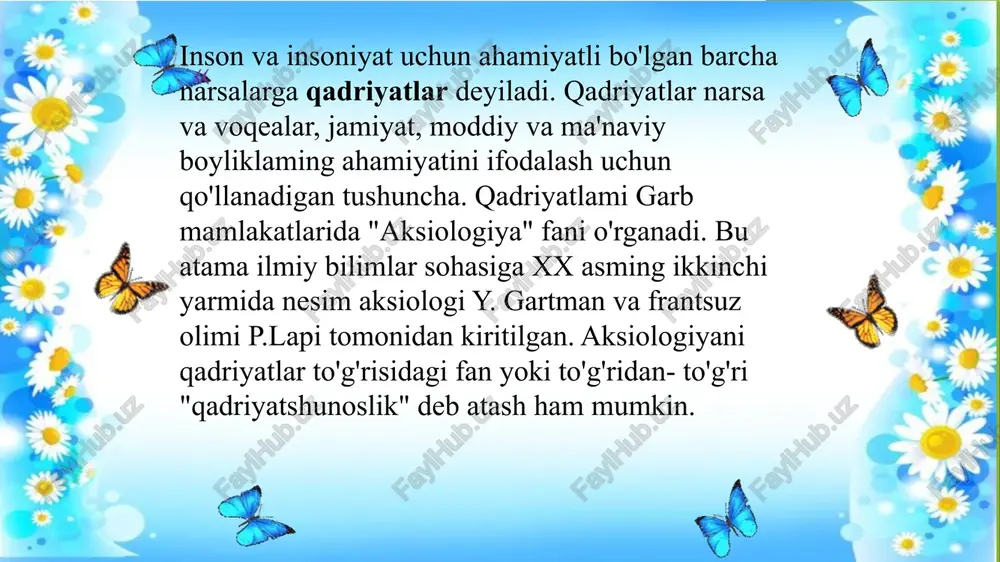 ing necha ming yillik tarixiy tajribasi shuni ko'rsatadiki, biror-bir narsaning an'anaga, ayniqsa, qadriyatga aylanishi uzoq davrni talab qiladi. yillar, asrlar davomida muayyan qarash, odat, tushuncha, tajribalar zamonlar, avlodlar sinovidan o'tadi, sayqal topib boradi. agar ular keyingi avlodlar tomonidan ham qabul qilinsa, davom ettirilib, urf-odatga aylansa, demakki, endi ularni milliy an'ana va qadriyat deb atash mumkin bo'ladi. e'tibotingiz uchun rahmat! image1.png image2.gif image3.gif image4.gif image5.gif image6.jpeg image7.gif image8.gif image9.png ac) og