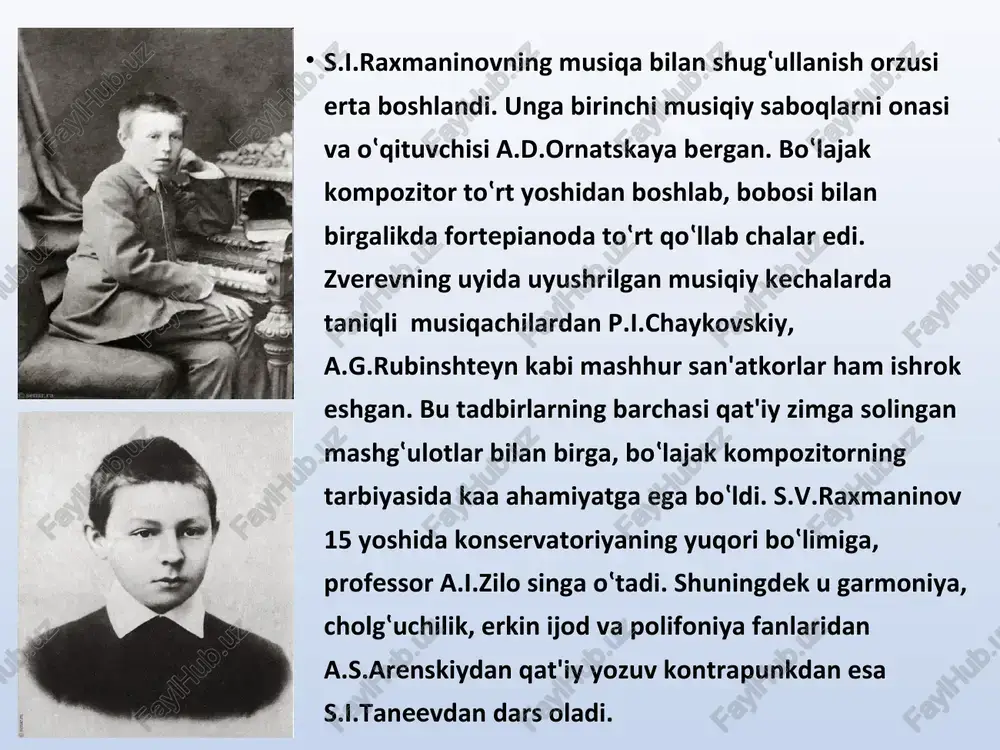 yotida katta o‛zgarish sodir bo‛ldi – u ammasining qizi, n.satinaga uylanadi, ular umrlarining oxirigacha birga bo‛lib, ikki ajoyib qiz farzandlarni voyaga etkazdilar. s.v.raxmaninov rus kompozitorlaridan m.i.glinka, a.p.borodin, m.p.musorgskiy, n.a.rimskiy– korsakov, p.i.chaykovskiy asarlarining tengi yo‛q talqinchisidir. m.i.glinkaning «shoh uchun hayot», a.s.dargomijskiyning «suv parisi», m.p.musorgskiyning «boris godunov», a.p.borodinning «knyaz igor», p.i.chaykovskiyning «evgeniy onegin», «piki xonim» kabi asarlar uning talqinida butunlay boshqacha ohangda yangradi. shuningdek, o‛zining asarlari va ayniqsa «qoya» simfonik poemasi ham shuxrat keltirgan edi. 1906 yilda raxmaninov teatrda o‛zining – «xasis bahodir» va «francheska da rimini» kamer operalarini sahnalashtirdi. 1922-23 yillarda raxmaninov birgina mavsumning o‛zida 70 ta kontsert bergan. shu yillar ichida raxmaninov yaratgan asarlarining miqdori katta emas. u o‛zining uchinchi simfoniyasini, «xor va orkestruchun uchta rus qo‛shig‛i»ni yakunlaydi, fortepiano va orkestr uchun to‛rtinchi kontsertni yozadi. 1935 yilgacha «korelli mavzulariga variatsiyalar»ni, hamda «paganini mavzusiga rapsodiya»ni va 1940 yilda so‛nggi asari - orkestr uchun «simfonik raqslar»ni yaratdi. raxmaninov 1935 yildan boshlab amerikada …