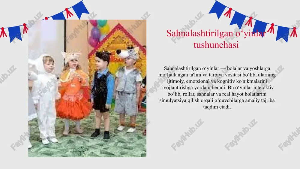 oʻtkaziladi. oʻyinlarni oʻtkazish jarayoni oʻyinlarni oʻtkazishda asosiy qoidalarga rioya qilish muhim. bu qoidalarga joylashuv, vaqt, ishtirokchilar soni va xavfsizlik choralari kiradi. ishtirokchilarni boshqarishda aniq qoidalar va maqsadlarni belgilash, muammolarni oldindan aniqlash va hal qilish uchun reja tuzish zarur. bu, motivatsiya va tushunmovchilik kabi muammolarni kamaytiradi. 1 2 oʻyinlardan keyingi baholash ishtirokchilarni baholash usullari o'yinlardan so'ng ishtirokchilarni baholash uchun aniq mezonlar va metodlar, masalan, anketalar, intervyular yoki kuzatuvlar qo'llaniladi. natijalar tajribani aniqlashga yordam beradi. tajribalar va natijalar o'yin natijalari va fikrlar asosida, muvaffaqiyatlar va yaxshilanish kerak bo'lgan elementlar aniqlanadi, bu kelajakdagi o'yinlarni takomillashtirishga yordam beradi. photo by blessing ri on unsplash photo by asep supriadi on unsplash sahnalashtirilgan oʻyinlarning bola rivojlanishidagi roli sahnalashtirilgan oʻyinlar bola psixologiyasiga ijobiy ta'sir koʻrsatadi, chunki ular bolalarga muhitga moslashish, muammoni hal qilish va ijtimoiy aloqalarni rivojlantirish imkonini beradi. bu oʻyinlar bolaning oʻzini ifoda etish uchun muhim platforma boʻlib xizmat qiladi. oʻyinlar orqali ijtimoiy koʻnikmalarni rivojlantirishda, bolalar …