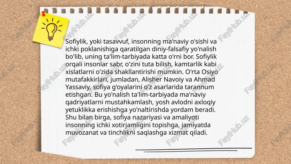 qilish, mas’uliyatni his qilish va halollik tamoyillariga rioya qilishga o‘rgatadi, bu esa ijtimoiy muhitda ishonchli va barqaror munosabatlar o‘rnatishga yordam beradi. ... t.me/slaydai_bot ahmad yassaviy ta'limotida shaxsiy kamolot juda katta ahamiyatga ega bo'lib, uning falsafasi axloqiy poklik va ruhiy o'sishga asoslanadi. yassaviy insonlarni ichki dunyo tinchligi va ma'naviy uyg'unlikka erishishga targ'ib qiladi. u ko'pincha taqvo, sabr-toqat, halollik, va ilm olishning muhimligini ta'kidlaydi. shaxsiy kamolotni allohga yaqinlik orqali osishga yordam beradigan jarayon deb biladi. yassaviy fikriga ko'ra, har bir inson o'z nafsini yengishi, odob-axloqni rivojlantirishi va boshqalarga foyda keltirishi zarur. buning uchun, zikr, loilo, yaxshilik, ixlos kabi tamoyillarni o'zida mujassamlashtirishi lozim. ... t.me/slaydai_bot xoja abduxoliq gʻijduvoniy markaziy osiyoning taniqli olimlaridan biridir. u xii asrda yashagan va islomiy ilmlar sohasida katta hissa qoʻshgan. uning ilmiy tafakkuri nafaqat diniy bilimlarni, balki falsafa, mantiq va tasavvufni ham oʻz ichiga olgan. gʻijduvoniy buxoro yaqinidagi gʻijduvon shahrida tugʻilgan va yashagan. u yoshligidan ilmlarni oʻrganishga intilib, koʻplab …