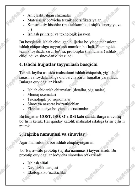 yiha o‘zining mazmuni, hajmi va maqsadiga qarab turlicha metodlar va texnologik vositalarni talab qiladi. asosiy loyihalash metodlari texnik loyihalashda ishlatiladigan metodlar loyihaning turiga, murakkabligiga va qo‘yilgan talablariga qarab tanlanadi. quyidagi asosiy metodlar keng qo‘llaniladi: analitik metodlar bu metodlar mahsulot yoki tizimning ishlash prinsiplari, fizik va texnik parametrlarini matematik ifodalashga asoslanadi. bu orqali: 1. mexanik mustahkamlik, 2. issiqlik almashinuvi, 3. energiya sarfi, 4. muvozanat holatlari kabi parametrlar aniqlanadi. masalan, detallarni mustahkamlikka hisoblashda yuki, momenti, deformatsiyasi kabi ko‘rsatkichlar hisobga olinadi. modellashtirish metodlari modellashtirish texnik tizimlarning haqiqiy ishlashini kompyuter yoki matematik model orqali o‘rganishga yordam beradi. bu ikki turga bo‘linadi: · fizik modellashtirish: sinov laboratoriyalarida maxsus qurilmalar yordamida o‘tkaziladi. · matematik modellashtirish: formulalar, tenglamalar va algoritmlar orqali kompyuterda amalga oshiriladi. modellashtirish mahsulotning barcha sharoitlardagi xatti-harakatini oldindan aniqlash imkonini beradi. innovatsion metodlar bugungi kunda sun’iy intellekt, mashinaviy o‘rganish, neyron tarmoqlar kabi yangi metodlar ham loyihalash jarayonida qo‘llanilmoqda. masalan: · neyron tarmoq yordamida optimal dizayn …