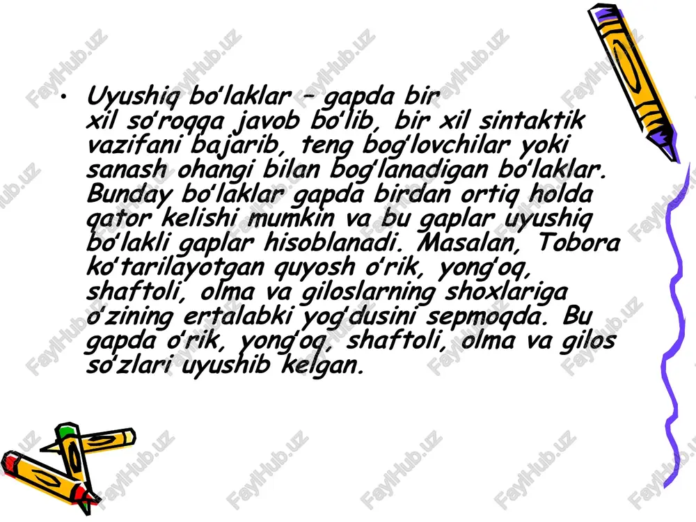 r, shamol, sovuq — barchasi bahorni ketkazdi. c) badiiy uslubda obrazli, hissiy tasvir yaratadi. yomg‘ir, shamol, sovuq — barchasi bahorni ketkazdi. d) so‘zlashuv uslubida sodda, tabiiy nutq ohangini hosil qiladi. men yuvindim, nonushta qildim, ishga ketdim. uyushiq bo‘laklar gap tuzilmasida muhim sintaktik birlik bo‘lib, nutqni soddalashtiradi, mazmunni boyitadi va fikrni to‘liq ifodalash imkonini beradi. ajratilgan bo‘laklar: shakllari va ifodalanish vositalari ajratilgan bo‘laklar – gapda asosiy fikrga aniqlik kiritish, izoh berish, qo‘shimcha ma’lumot yoki emotsional ohang yaratish maqsadida ishlatiladigan bo‘laklardir. ular gapning boshqa qismlaridan ohang intonatsiya va tinish belgilar vergul, chiziqcha, qavs, qo‘shtirnoq bilan ajratib ko‘rsatiladi. e’tiboringiz uchun rahmat!
