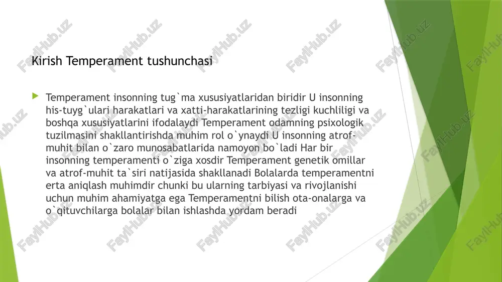 miy holda to`rtta asosiy temperament turi ajratiladi xolerik sangvinik flegmatik va melanxolik xolerik temperamentga ega bolalar juda faol harakatchan va tezkor bo`ladilar sangvinik temperamentli bolalar ham faol lekin ular xolerik bolalardan ko`ra xotirjamroqdirlar flegmatik temperamentli bolalar tinch xotirjam va sekin harakat qiluvchidirlar melankolik temperamentli bolalar esa hissiy jihatdan nozik va oson xafa bo`luvchidirlar temperamentning asosiy turlari bolalarning temperamenti oilaviy muhitga bog`liq bo`lishi mumkin oilada yaratiladigan sharoit bolaning shaxsiyatining rivojlanishiga katta ta`sir qiladi ota-onalarning bolalarga bo`lgan munosabati tarbiya usullari ham bolaning temperamentini shakllantirishda muhim rol o`ynaydi oiladagi iliq va qo`llab-quvvatlovchi muhit bolaning o`ziga bo`lgan ishonchini oshiradi va uning ijtimoiylashuviga ijobiy ta`sir qiladi temperament va oilaviy muhit maktab muhiti ham bolaning temperamentini shakllantirishda muhim rol o`ynaydi o`qituvchilarning bolalarga bo`lgan munosabati o`quv jarayoni va maktabdagi ijtimoiy muhit bolaning o`ziga ishonchini o`rganishga bo`lgan qiziqishini va ijtimoiylashuvini ta`minlaydi maktabda yaratiladigan ijobiy va qulay sharoit bolaning temperamentini ijobiy yo`nalishda rivojlanishiga yordam beradi temperament va maktab muhiti …