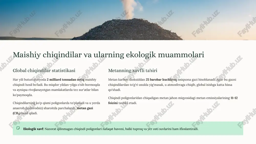 rgiya manbai o'ziga xos afzallik va cheklovlarga ega. rng ning muhim ustunligi – u mavjud infratuzilmadan foydalanishi va barqaror energiya ta'minlashidir. quyosh energiyasi afzalliklar: cheksiz manba, toza energiya cheklovlar: ob-havo va kunlik tsiklga bog'liq, qimmat saqlash tizimi talab etadi shamol energiyasi afzalliklar: yuqori quvvat, keng hududlarda samarali cheklovlar: shamol tezligiga bog'liq, doimiy emas, maxsus joylar talab qiladi rng (biometan) afzalliklar: doimiy energiya, mavjud tarmoqlar, chiqindilarni kamaytiradi cheklovlar: chiqindi manbalariga bog'liq, dastlabki investitsiya talab etadi rng ning asosiy ustunligi – u mavjud gaz infratuzilmasidan foydalanib, doimiy va barqaror energiya ta'minlaydi. quyosh va shamol energiyasi intermittent (uziluvchi) bo'lsa, rng elektr stansiyalarida, uy-joylarda va transportda 24/7 ishlatilishi mumkin. 8 xulosa: maishiy chiqindilardan olinadigan gaz – kelajak energiyasi qayta tiklanuvchi tabiiy gaz (rng) nafaqat muqobil energiya manbai, balki atrof-muhitni muhofaza qilish va energiya xavfsizligini ta'minlashda muhim rol o'ynaydigan zamonaviy yechimdir. ekologik foyda chiqindi poligonlaridan metan chiqishini kamaytirish va atmosfera ifloslanishini pasaytirish orqali global isishga …