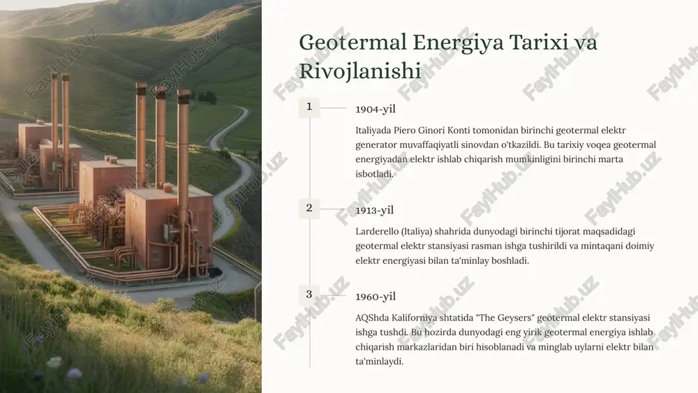 rgiya ishlab chiqaruvchi davlat hisoblanadi. 26 mamlakatlar soni geotermal elektr energiyasini tijorat maqsadida ishlab chiqarayotgan davlatlar soni. geotermal energiya global elektr ta'minotining hozirda 3-5% ni tashkil qiladi, lekin prognozlarga ko'ra, 2050-yilga kelib bu ko'rsatkich sezilarli darajada oshishi kutilmoqda. islandiya o'z elektr energiyasining 30% ni geotermal manbalardan oladi va bu ko'rsatkich boshqa mamlakatlar uchun namuna bo'lib xizmat qilmoqda. 7 o'zbekistonda geotermal energiya 85% fossil yoqilg'ilar o'zbekiston energiya ishlab chiqarishining 85-90% tabiiy gaz va ko'mir kabi an'anaviy yoqilg'ilarga asoslangan. 10% qayta tiklanadigan energiya qayta tiklanadigan energiya manbalari ulushi hozirda atigi 10-14% ni tashkil qiladi, bu ko'rsatkichni oshirish zarur. imkoniyatlar va istiqbollar o'zbekiston geografik joylashuvi va geologik tuzilishi jihatidan geotermal energiya resurslariga boy hududlardan biri hisoblanadi. farg'ona vodiysi, qashqadaryo va surxondaryo viloyatlarida geotermal suv manbalari mavjud. mamlakatimizda geotermal energiya va boshqa qayta tiklanadigan manbalarni rivojlantirish uchun katta imkoniyatlar mavjud. davlat tomonidan bu yo'nalishni qo'llab-quvvatlash va xorijiy investitsiyalarni jalb qilish choralari ko'rilmoqda. 8 geotermal …