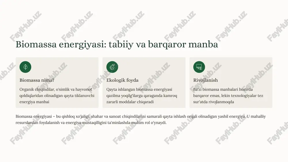 osiy hujjat 02 2013-2020 yillarga mo'ljallangan davlat dasturi qayta tiklanuvchi energiya sektorini rivojlantirish bo'yicha kompleks chora-tadbirlar dasturi 03 osiyo taraqqiyot banki krediti 110 million aqsh dollari miqdorida xalqaro moliyaviy qo'llab-quvvatlash 04 xitoy bilan hamkorlik suntech power kompaniyasi bilan fotovoltaik panellar ishlab chiqarish loyihasi o'zbekiston hukumati qayta tiklanuvchi energiya sektorini rivojlantirish uchun xalqaro moliya institutlari, xususiy investorlar va texnologiya yetkazib beruvchilar bilan faol hamkorlik qilmoqda. bu hamkorlik zamonaviy tajriba va texnologiyalarni mamlakatga olib kirish imkonini beradi. 8 xulosa: biomassa va qayta tiklanuvchi energiya – o'zbekistonning energiya kelajagi qishloq joylarda ta'minot biomassa energiyasi qishloq joylarda energiya ta'minotini yaxshilaydi va ekologiyani himoya qiladi barqarorlik qayta tiklanuvchi energiya ulushini oshirish iqtisodiy va ekologik barqarorlikni ta'minlaydi 2030 maqsadi qayta tiklanuvchi energiya ulushini 21-40% ga yetkazish uchun keng ko'lamli investitsiyalar zarur har birimiz yashil energiya kelajagiga hissa qo'shishimiz mumkin! energiyani tejash, qayta tiklanuvchi manbalarni qo'llab-quvvatlash va ekologik ongni oshirish orqali biz barqaror kelajak qurishda ishtirok etamiz. …