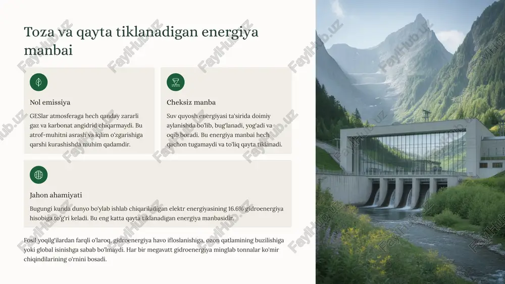 h yirik suv omborlari mahalliy iqlimni yumshatadi, havoning namligini oshiradi va harorat tebranishlarini kamaytiradi. 6 energiya tizimlarida moslashuvchanlik tezkor javob berish geslar elektr energiyasiga talabning o'zgarishiga juda tez javob beradi. turbinalarni bir necha daqiqada to'liq quvvatga chiqarish mumkin. muvozanat yaratish quyosh va shamol energiyasining o'zgaruvchanligini muvozanatlaydi. kun davomida talab oshsa, geslar qo'shimcha quvvat beradi. xavfsizlik ta'minoti energiya xavfsizligini ta'minlashda muhim rol o'ynaydi. favqulodda holatlarda tez yordam bera oladi. zamonaviy energiya tizimlarida qayta tiklanadigan energiya manbalari ulushi ortib bormoqda. quyosh va shamol energiyasi ob-havoga bog'liq bo'lgani uchun ularning ishlab chiqarishi o'zgaruvchan. geslar esa bu o'zgaruvchanlikni muvozanatlashtiruvchi "tampon" vazifasini bajaradi. energiya tizimi barqarorligini ta'minlash uchun geslar boshqa barcha energiya manbalarini birlashtiruvchi muhim element hisoblanadi. 7 gidroelektrostansiyalarning turlari va o'zbekistondagi misollar to'g'on yonidagi geslar to'g'on devoriga o'rnatilgan turbinalar orqali suv tushadi. eng keng tarqalgan tur. chorvoq gesi – toshkent viloyatida, chirchiq daryosida joylashgan. derivatsion geslar suv maxsus kanallar orqali uzoqroq masofaga olib boriladi …