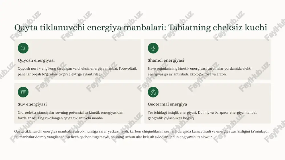 elektr energiyasiga aylantiradi. 3 tarmoqqa ulash ishlab chiqarilgan elektr energiya transformatorlar orqali elektr tarmoqlariga uzatiladi va iste'molchilarga yetkaziladi. quruqlikdagi shamol fermalari tog'lar va tekisliklarda joylashgan. o'rnatish va texnik xizmat ko'rsatish nisbatan oson. dunyodagi shamol energiyasining asosiy qismi. dengiz shamol fermalari (offshore) dengiz yoki okean suvlarida o'rnatilgan. kuchliroq va barqarorroq shamollar. yuqori quvvat, ammo qimmatroq o'rnatish va saqlash. shamol energiyasi toza va iqtisodiy jihatdan samarali, ammo shamol tezligining o'zgaruvchanligi va ba'zi ekologik ta'sirlar (qushlar, shovqin) hali ham hal qilinishi kerak bo'lgan muammolardir. energiya saqlash va aqlli tarmoqlar bu muammolarni yumshatishga yordam beradi. 6 suv energiyasi va boshqa qayta tiklanuvchi manbalar gidroelektr stansiyalar gidroelektr stansiyalar hozirgi kunda dunyoda eng katta qayta tiklanuvchi energiya manbai hisoblanadi. ular global elektr energiyasining taxminan 16% ini ishlab chiqaradi. ishlash printsipi: to'g'on orqasida to'plangan suv yuqori bosim ostida turbinalarni aylantiradi, bu esa generatorlarni ishga tushiradi. yuqori samaradorlik (90% gacha) uzoq xizmat muddati (50-100 yil) energiya saqlash imkoniyati …