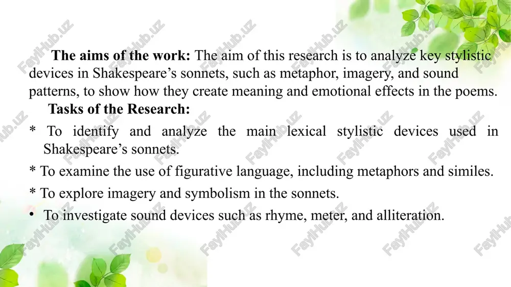 . chapter iii. sound devices and their stylistic functions 3.1. phonetic stylistic devices phonetic stylistic devices focus on the sound of language to create musicality and enhance expression. in shakespeare’s sonnets, techniques like alliteration, assonance, and consonance are frequently used to draw attention to key words and evoke mood. these sound patterns make the poetry more memorable and emotionally resonant. by carefully choosing and arranging sounds, shakespeare strengthens the rhythm and harmony of his lines, reinforcing both meaning and aesthetic beauty. 3.2. rhyme, meter, and sonnet structure shakespeare’s sonnets follow a strict structure that enhances their poetic effect. each sonnet typically consists of 14 lines written in iambic pentameter, creating a steady rhythm. the rhyme scheme — usually abab cdcd efef gg — gives the poem balance and flow. this structured form allows shakespeare to build arguments or emotional progression across the quatrains, ending with a powerful conclusion in the …