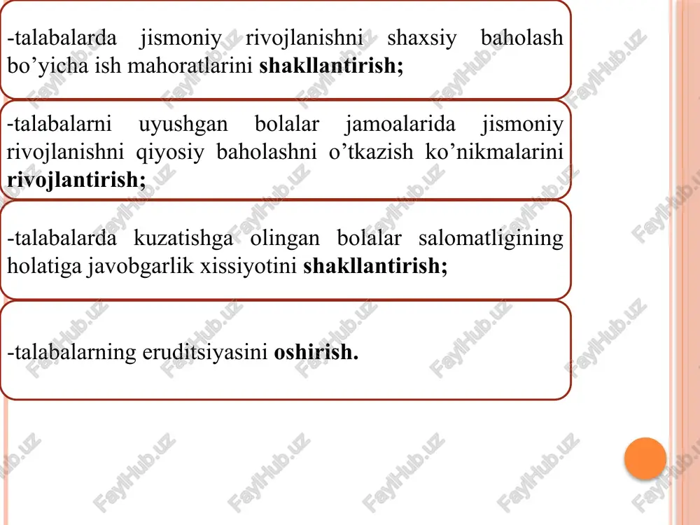 azn va ko’krak qafasi aylanasi (kqa); 2.fiziometrik ko’rsatkichlar- mushaklar kuchi, o’pkaning tiriklik sig’imi, a/b (arterial bosim) qiymati, puls tezligi, teri osti yog’ qavatining qalinligi; 3.somatoskopik ko’rsatkichlar - skeletning holati, badan terisining holati, doimiy tishlarning soni, jinsiy rivojlanish formulasi. 1.somatometrik ko’rsatkichlar antropometrik ko'rsatkichlarni aniqlash yoki tekshirish dasturini tanlash tekshiriluvchi yosh kontingentlarga bog’lik. odatda qator antropometrik ko'rsatkichlardan asosiylari tanlab olinadi. bolaning bo’yi yog’ochli yoki temirli bo’y o’lchagichda aniqlanadi. o’lchashlarning ertalabki soatlarda o’tkazilishi kerak. o’lchash vaqtida bo’y o’lchagichning vertikal taxtasiga bola tanasining quyidagi qismlari tegib turishi kerak: kurak oraligidagi umurtqa pog’onasi, dumba sohasi, tovonlar; bosh biroz oldinga egilgan holda bo’ladi. bolaning bo’yini o’lchash vazn tibbiy tarozi yordamida aniqlanadi. bolaning yoshini hisobga olgan holda (bola nonushta qilgan bo’lishi shart- tahminan -0,3 kg) olingan qiymatlardan (ovqat uchun - 0,3 kg), kiyimlardan (yil fasllariga muvofiq -0,3-0,5 kg) va vazndan esa -0,5 kg (yozda) - 1 kg (qishda) olib tashlanadi. bolaning vaznini o’lchash kqa santimetrli tasma yordamida …