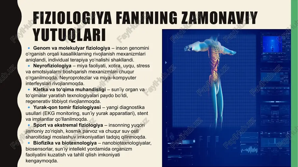 sga javob va homeostazni boshqaradi. gipofiz bezi (master gland) o‘sish gormoni (somatotropin) – o‘sishni ta’minlaydi. prolaktin – sut bezlarini rag‘batlantiradi. gonadotrop gormonlar (fsh, lh) – jinsiy bez faoliyatini boshqaradi. qalqonsimon bez tireksin (t4), trijodtironin (t3) – moddalar almashinuvini tezlashtiradi. kalsitonin – suyaklarda kalsiy miqdorini tartibga soladi. paraqalqonsimon bez paratgormon – qondagi kalsiy va fosfor muvozanatini ta’minlaydi. buyrak usti bezlari adrenalin va noradrenalin – stress, qo‘rquv va “jang yoki qoch” reaksiyasida muhim. kortizol – moddalar almashinuvini boshqaradi, stress gormoni. aldosteron – suv-tuz balansini saqlaydi. oshqozon osti bezi (langerhans orolchasi) insulin – qondagi glyukozani kamaytiradi. glukagon – qondagi glyukozani oshiradi. jinsiy bezlar (gonadalar) testosteron (erkaklarda) – mushak va suyak o‘sishi, jinsiy xususiyatlarni ta’minlaydi. estrogen va progesteron (ayollarda) – hayz sikli, homiladorlik va jinsiy rivojlanishni boshqaradi. epifiz (qorachiq bezi) melatonin – uyqu va biologik ritmni boshqaradi 6. mushak va harakat tizimi skelet mushaklari va yurak mushaklarining molekulyar mexanizmlari chuqur tadqiq qilinmoqda. sport fiziologiyasida …