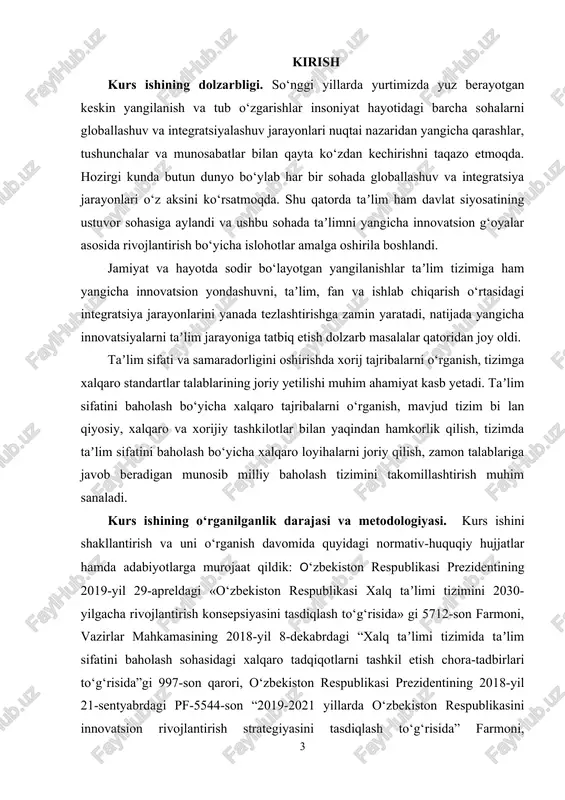 dagi pq-3775-son «oliy taʼlim muassasalarida taʼlim sifatini oshirish va ularning mamlakatda amalga oshirilayotgan keng qamrovli islohotlarda faol ishtirokini taʼminlash bo‘yicha qo‘shimcha chora-tadbirlar to‘g‘risida”gi qarori, “pisa: estestvennonauchnaya gramotnost” xalqaro jurnali, “pisa 2015 assessment and analytical framework” xalqaro jurnali, “achievement of 15-year-olds in england: pisa 2018 results” xalqaro jurnali va boshqa shu kabi adabiyotlardan foydalandik. kurs ishining obyekti. kurs ishining obyektini o‘zbekistonda milliy va xalqaro baholash tizimini bir-biriga mos ravishda shakllantirish tashkil etadi. kurs ishining predmeti. milliy va xalqaro baholash tizimini tahlil qilish va milliy ta’lim tizimida tutgan o`rnini tahlil qilishdan iborat. kurs ishining maqsadi. mamlakatimizda ta’lim sifatini xalqaro talab darajasida shakllantirish mezonlari va istiqbollarini o`rganish hisoblanadi. kurs ishining vazifasi. ta’lim jarayonidagi milliy baholash tizimini zamon talabiga mos, xalqaro standartlarga javob beradigan holatga o‘tkazishda amalga oshirilishi lozim bo`lgan ishlarni tahlil qilish va ularning ta’lim sifatini oshirishdagi rolini ochib berish tashkil qiladi. kurs ishining tarkibiy tuzilishi: ushbu kurs ishi kirish, 2 bob, 4 …