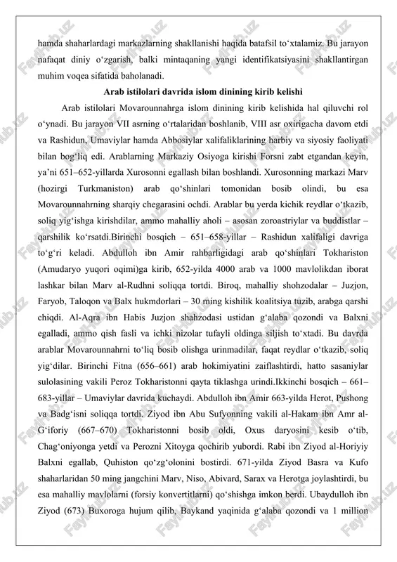 mdorlari – 30 ming kishilik koalitsiya tuzib, arabga qarshi chiqdi. al-aqra ibn habis juzjon shahzodasi ustidan g‘alaba qozondi va balxni egalladi, ammo qish fasli va ichki nizolar tufayli oldinga siljish to‘xtadi. bu davrda arablar movarounnahrni to‘liq bosib olishga urinmadilar, faqat reydlar o‘tkazib, soliq yig‘dilar. birinchi fitna (656–661) arab hokimiyatini zaiflashtirdi, hatto sasaniylar sulolasining vakili peroz tokharistonni qayta tiklashga urindi.ikkinchi bosqich – 661–683-yillar – umaviylar davrida kuchaydi. abdulloh ibn amir 663-yilda herot, pushong va badg‘isni soliqqa tortdi. ziyod ibn abu sufyonning vakili al-hakam ibn amr al-g‘iforiy (667–670) tokharistonni bosib oldi, oxus daryosini kesib o‘tib, chag‘oniyonga yetdi va perozni xitoyga qochirib yubordi. rabi ibn ziyod al-horiyiy balxni egallab, quhiston qo‘zg‘olonini bostirdi. 671-yilda ziyod basra va kufo shaharlaridan 50 ming jangchini marv, niso, abivard, sarax va herotga joylashtirdi, bu esa mahalliy mavlolarni (forsiy konvertitlarni) qo‘shishga imkon berdi. ubaydulloh ibn ziyod (673) buxoroga hujum qilib, baykand yaqinida g‘alaba qozondi va 1 million dirham soliq …