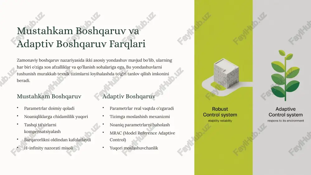 li dizayn jarayoni ishlab chiqilgan. bu yondashuv matematik jihatdan qat'iy isbotlangan va nazariy jihatdan mustahkam. dc motor boshqaruvi elektr motorlarining murakkab dinamikalarini boshqarishda fuzzy adaptiv boshqaruvchi yuqori aniqlik va samaradorlik ko'rsatadi. yuklanish o'zgarishiga tez moslashish ta'minlanadi. moslashuvchan robotlar robot manipulyatorlari va avtonom tizimlarida fuzzy adaptiv nazorat noaniq sharoitlarda ham barqaror ishlashni ta'minlaydi. amaliy sinovlarda muvaffaqiyatli natijalar olingan. 6 robototexnika va mustahkam adaptiv boshqaruv zamonaviy robototexnikada mustahkam adaptiv boshqaruv asosiy texnologiyalardan biri hisoblanadi. robot manipulyatorlari murakkab va ko'p o'lchovli dinamik tizimlar bo'lib, ularning parametrlari yuklanish, harorat va boshqa omillar ta'sirida doimiy o'zgarib turadi. operational space control robotning ish fazosida (dekart koordinatalarida) to'g'ridan-to'g'ri boshqarilishi. bu yondashuv vazifani rejalashtirishni osonlashtiradi va intuitiv nazoratni ta'minlaydi. joint space control har bir bo'g'in (qo'shimcha) alohida boshqariladi. bu usul yuqori tezlik va aniqlikni ta'minlaydi, ammo murakkab koordinatsiya talab etadi. adaptiv traektoriya nazorati mustahkam adaptiv boshqaruv robotning harakatini aniq, silliq va barqaror qiladi. tashqi kuchlar va noaniq dinamikalarga …