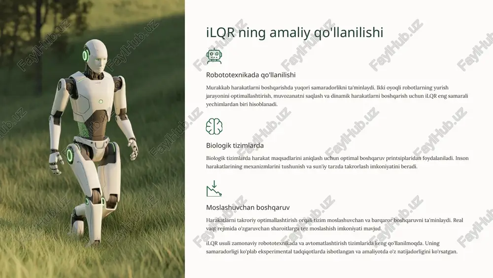 harakatlarni o'rganish va takroriy yaxshilash uchun kuchli vosita. reinforcement learning bilan birgalikda qo'llanilganda yuqori samaradorlikka erishiladi. tushunarliroq ai xai (explainable ai) metodlari bilan integratsiya orqali boshqaruv qarorlarining tushunarli izohlarini yaratish mumkin. bu sun'iy intellektga ishonchni oshiradi. real vaqt optimallashtirish dinamik muhitda tez qaror qabul qilish va adaptatsiya qilish qobiliyati. millisekund darajasida hisob-kitoblar amalga oshiriladi. bu usullarning sun'iy intellektdagi qo'llanilishi avtomatlashtirilgan tizimlarning samaradorligi va ishonchliligini sezilarli darajada oshirmoqda. kelajakda yanada murakkab vazifalarni hal qilish imkoniyati mavjud. 6 so'nggi yutuqlar va tadqiqotlar (2025 yil) 1 modelsiz ioc algoritmlari arxiv (2025) - murakkab nochiziqli tizimlarda xarajat funksiyasini aniqlash uchun modelsiz va qisman modelsiz ioc algoritmlari taqdim etildi. bu yondashuv tizimning to'liq matematik modelini talab qilmaydi. 2 konveks optimallashtirish arxiv (2025) - ioc uchun konveks optimallashtirish asosida yangi iterativ yechimlar ishlab chiqildi. konvergentsiya kafolatlari bilan ta'minlangan bu usullar amaliy qo'llanishda yuqori samaradorlikni ko'rsatmoqda. 3 i2lqr avtonom poyga uchun iteraoptiracing (2025) - real vaqt rejimida …