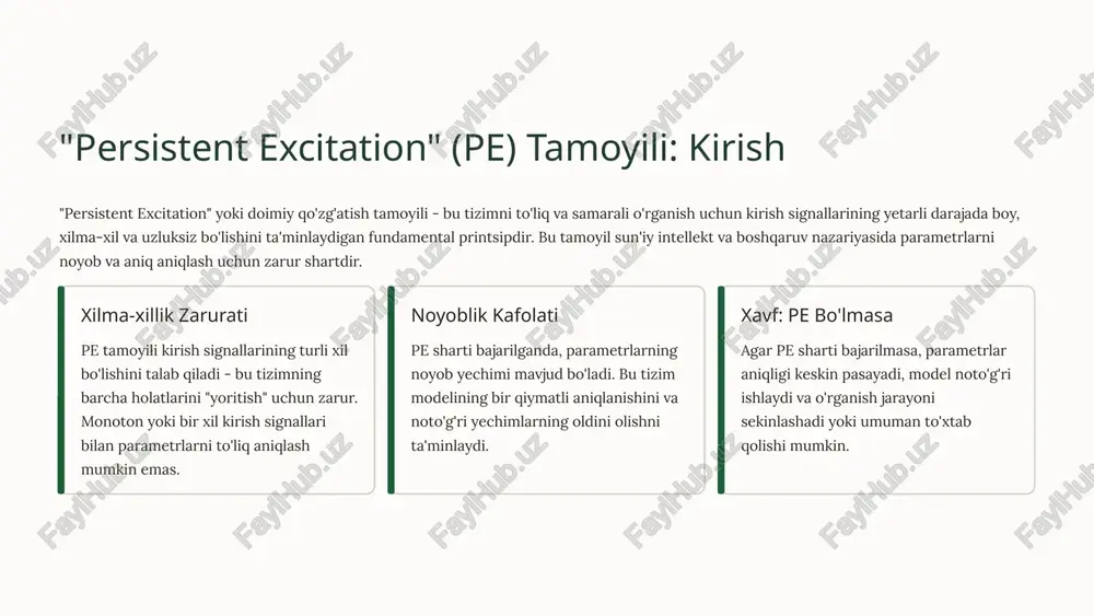 vaqt bo'yicha ularning o'rtasida o'tish amalga oshiriladigan murakkab tizimlardir. bu tizimlar avtomobillar, robotlar va avia-kosmik texnologiyalarda keng qo'llaniladi. pe tamoyili yordamida har bir subsistemaning parametrlari aniq va noyob tarzda aniqlanadi. bako (2023) tadqiqotlari shuni ko'rsatdiki, hatto nisbatan kam namunalar bilan ham pe sharti ta'minlansa, parametrlarning noyobligi va aniq yaqinlashishi kafolatlanadi. subsistemalar aniqlash tizimning turli ishlash rejimlaridagi subsistemalarini ajratish pe signallari yaratish har bir subsistemani to'liq qamrab oluvchi xilma-xil kirish signallarini ishlab chiqish parametrlarni aniqlash pe sharti asosida har bir subsistemaning parametrlarini aniq aniqlash tekshirish va tasdiq aniqlangan parametrlarning aniqligini va tizim ishlashini tekshirish 6 pe tamoyilining cheklovlari va yechimlari pe sharti nazariyada kuchli va aniq bo'lsa-da, amaliyotda uni to'liq bajarish ba'zan qiyin yoki xatto mumkin emas. haqiqiy tizimlar energiya cheklovlari, xavfsizlik talablari va atrof-muhit cheklovlari bilan bog'liq muammolarga duch keladi. asosiy cheklovlar energiya tejamkorligi: doimiy va xilma-xil signallar ko'p energiya talab qiladi xavfsizlik: ba'zi kirish signallari tizimni xavfli holatlarga olib …