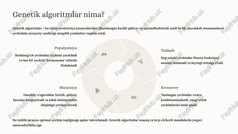 va tadqiqotlar 1 narmax modelini aniqlash paraschiv va hamkasablari kimyoviy jarayonlarni boshqarishda narmax (nonlinear autoregressive moving average with exogenous inputs) modelini genetik algoritmlar yordamida aniqlashgan. nochiziqli dinamik tizimlarni modellashtirish aniqligi 15% ga oshgan va parametrlar identifikatsiyasi vaqti 3 baravar qisqargan. 2 ishlab chiqarishni rejalashtirish zavodlarda ishlab chiqarish jadvalini optimallashtirish - murakkab kombinatorik masala. genetik algoritmlar yordamida ishlab chiqarish liniyalarini optimal rejalashtirish orqali mahsulot chiqarish hajmi 22% oshirildi, kutish vaqtlari 30% qisqartirildi va resurslardan foydalanish samaradorligi sezilarli yaxshilandi. 3 vibratsiyani kamaytirish tokhi va hamkasblarining tadqiqoti moslashuvchan tuzilmalarda vibratsiyani kamaytirish bo'yicha genetik algoritm asosidagi boshqaruvchini ishlab chiqdi. natijada vibratsiya amplitudasi 40% kamaydi, tizimning barqarorligi yaxshilandi va struktura chidamliligi oshdi. genetik algoritmlar yordamida model aniqlash kimyoviy jarayonlarni boshqarish - bu murakkab nochiziqli dinamik tizimlarni boshqarish masalasidir. harorat, bosim, konsentratsiya kabi ko'plab o'zaro bog'liq parametrlar real vaqtda nazorat qilinishi kerak. genetik algoritmlar bu jarayonning matematik modelini avtomatik aniqlaydi va optimal boshqaruv strategiyasini ishlab chiqadi. …