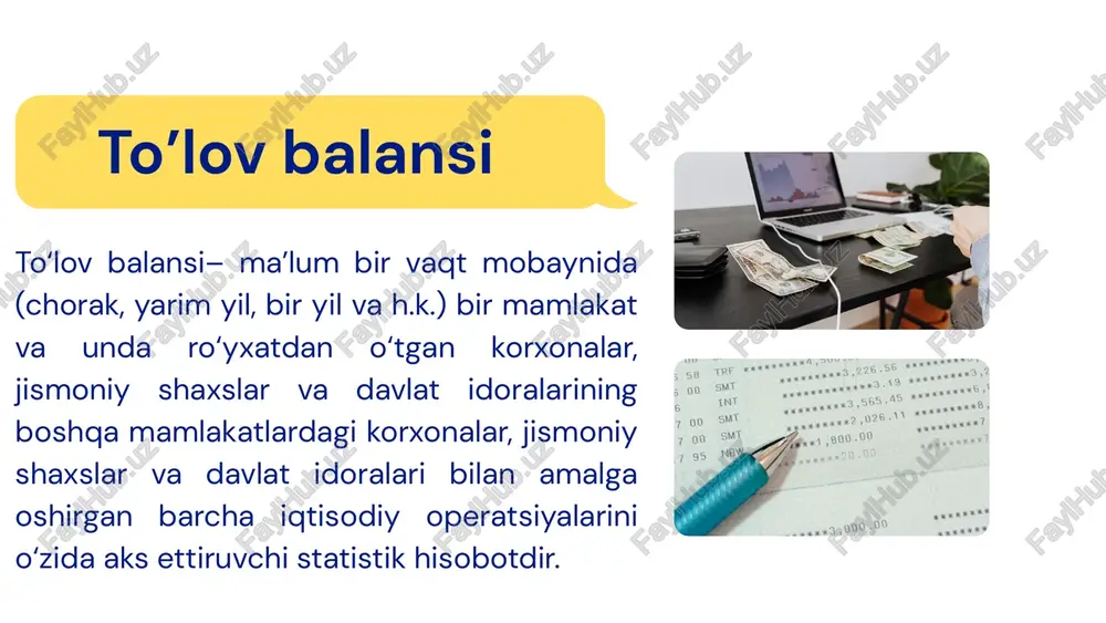ng umumiy tizimida o‘rnatilgan muddatlarda tahliliy ko‘rinishdagi nashr bilan birgalikda jamoatchilik uchun taqdim qiladi. to‘lov balansida norezidentlarga amalga oshirilgan to‘lovlar va ulardan tushgan tushumlar qayd etiladi. to‘lov balansi qo‘llanmasiga muvofiq (tbq, 1993 y.), «to‘lov balansi unda tizimlashtirilgan ko‘rinishda ushbu iqtisodiyotning tashqi dunyo bilan muayyan davrda amalga oshirilgan iqtisodiy operatsiyalari haqidagi ma’lumotlar keltiriladigan statistika qaydnomasini o‘zida namoyon etadi». to‘lov balansi hisobot davri mobaynida tashqi savdo qanday rivojlanganligini, chet eldan qancha miqdorda daromadlar olinganligini va chet elga qancha miqdorda mablag‘ to‘langanligini ko‘rsatadi. u xorijiy investitsiyalarni jalb qilish qanday kechganligini va mamlakat xalqaro zaxiralarining darajasi qanday o‘zgarayotganligini kuzatish imkonini beradi. to‘lov balansining makroiqtisodiy ahamiyati quyidagilardan iborat. masalan: tovarlar va xizmatlar eksporti kredit (+) tovarlar va xizmatlar importi debet (-) moliyaviy majburiyatlarning oshishi kredit (+) moliyaviy aktivlarning oshishi debet (-) majburiyatlarning kamayishi debet (-) aktivlarning kamayishi kredit (+) to‘lov balansini tuzishda amal qilinadigan asosiy qoida – ikki marta yozish tizimini qo‘llash. har bir operatsiya …