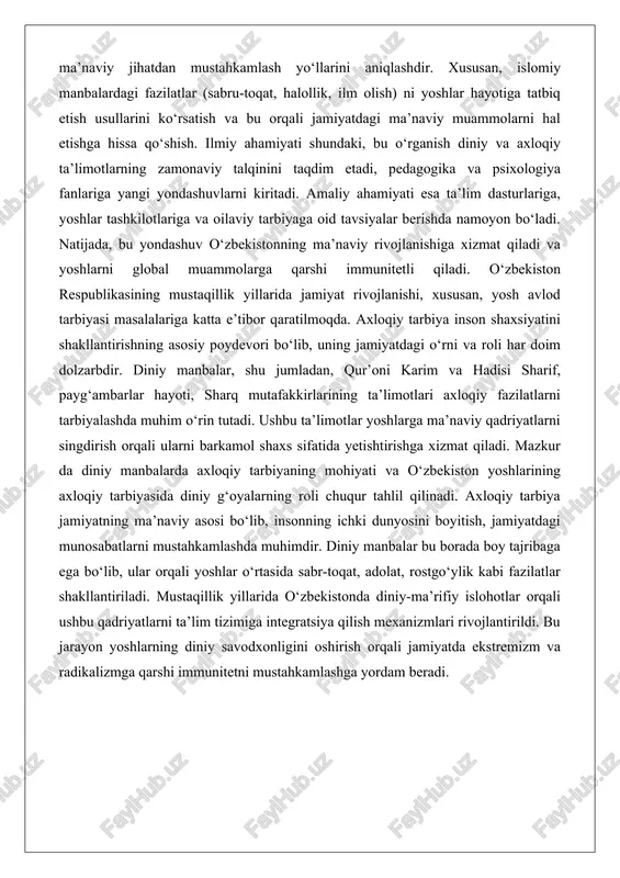 r da diniy manbalarda axloqiy tarbiyaning mohiyati va o‘zbekiston yoshlarining axloqiy tarbiyasida diniy g‘oyalarning roli chuqur tahlil qilinadi. axloqiy tarbiya jamiyatning ma’naviy asosi bo‘lib, insonning ichki dunyosini boyitish, jamiyatdagi munosabatlarni mustahkamlashda muhimdir. diniy manbalar bu borada boy tajribaga ega bo‘lib, ular orqali yoshlar o‘rtasida sabr-toqat, adolat, rostgo‘ylik kabi fazilatlar shakllantiriladi. mustaqillik yillarida o‘zbekistonda diniy-ma’rifiy islohotlar orqali ushbu qadriyatlarni ta’lim tizimiga integratsiya qilish mexanizmlari rivojlantirildi. bu jarayon yoshlarning diniy savodxonligini oshirish orqali jamiyatda ekstremizm va radikalizmga qarshi immunitetni mustahkamlashga yordam beradi. diniy manbalarda axloqiy tarbiyaning mohiyati axloqiy tarbiya diniy manbalarda inson kamolotining asosiy mezoni sifatida ko‘riladi. bu manbalar insonni go‘zal xulq-atvor, fazilatlar bilan bezashga chaqiradi. qur’oni karim va hadisi sharifda axloqiy fazilatlar talqini, payg‘ambarlar hayotidagi axloqiy namunalar, sharq mutafakkirlarining ta’limotlari orqali bu mohiyat chuqur ochib berilgan. qur’on va hadisda axloqiy fazilatlar talqini qur’oni karim va hadisi sharif axloqiy tarbiyaning asosiy manbalari bo‘lib, ularda insonning go‘zal odob va axloqqa chaqirilishi ta’kidlangan. qur’onda …