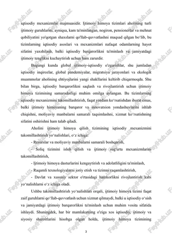 i taʼminlashga yordam berishdan ibo-rat. i.h.ning asosiy yoʻnalishlari: erkin ijtimoiyiqtisodiy faoliyat koʻrsatishni taʼminlash; ish bilan bandlik, kasb tanlash, oʻqish va bilim olish; daromadlarning kafolatlani-shi; har bir fuqaroning oʻz iqtisodiy faoliyatida daromadga ega boʻlishi; is-teʼmolchilar himoyasi, isteʼmolchilar jamiyatlari; tovarlar va xizmatlar sifati, isteʼmol kafolatini taʼminlash; aholiga tibbiy xizmat koʻrsatish; ijtimoiy taʼminot tizimi va aholining muhtoj, kam taʼminlangan qismlariga pensiyalar, nafaqalar, turli xil imtiyozlar berish.[footnoteref:0] [0: https://uz.m.wikipedia.org/wiki/ijtimoiy_himoya] ijtimoiy himoyaning asosiy maqsadlari: 1. ijtimoiy tenglikni ta’minlash: jamiyatdagi turli guruhlar o‘rtasidagi iqtisodiy va ijtimoiy tengsizliklarni kamaytirish. bunda kambag‘al yoki zaif guruhlarga yordam berish, ularning hayot sifatini yaxshilash ko‘zda tutiladi. 2. fuqarolarning asosiy ehtiyojlarini ta’minlash: sog‘liqni saqlash, ta’lim, uy-joy, oziq-ovqat va boshqa asosiy xizmatlar va resurslar orqali fuqarolarning turmush darajasini yaxshilash. 3. barqaror ijtimoiy rivojlanish: jamiyatda barqarorlik va farovonlikni ta’minlash, iqtisodiy va ijtimoiy inqirozlarning oldini olish, fuqarolarni xavf-xatarlardan himoya qilish. 4. mehnat bozoridagi barqarorlik: ishsizlik, mehnat huquqlarining buzilishi va boshqa ijtimoiy xavf-xatarlarni kamaytirish orqali mehnat …