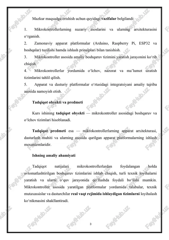 si, tuzilishi va ishlash prinsipi mikrokontroller — bu bitta mikrosxemada joylashtirilgan mikroprotsessor, xotira (ram, rom) va kirish-chiqish portlarini o‘z ichiga olgan kichik hajmli boshqaruvchi kompyuter tizimidir. u turli qurilmalarda boshqaruv, o‘lchash va nazorat funksiyalarini avtomatik bajarish uchun mo‘ljallangan. oddiy qilib aytganda, mikrokontroller – bu ma’lum bir jarayonni avtomatik boshqaradigan, dasturlanadigan mini-kompyuterdir. u mikroprotsessorli tizimlardan farqli o‘laroq, tashqi qurilmalarsiz mustaqil ishlay oladi, chunki barcha asosiy komponentlar bitta chipda jamlangan. mikrokontrollerning asosiy qismlari mikrokontrollerning ichki tuzilmasi quyidagi asosiy bloklardan iborat (1-rasmda sxematik tarzda ko‘rsatiladi): 1. markaziy protsessor (cpu – central processing unit) – barcha hisob-kitob va mantiqiy amallarni bajaruvchi asosiy blok. cpu mikrokontrollerdagi buyruqlarni ketma-ket o‘qib, ularni bajaradi. 2. xotira tizimi – dastur va ma’lumotlarni saqlash uchun xizmat qiladi. u ikki turga bo‘linadi: · rom (read only memory) – doimiy xotira, ya’ni dastur kodi yoziladigan joy. · ram (random access memory) – vaqtinchalik ma’lumotlarni saqlovchi tezkor xotira. 3. kirish-chiqish (i/o) portlari – …