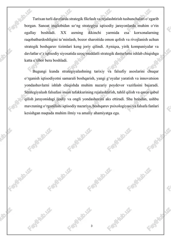 masidan olingan bo‘lib, “bosh qo‘mondon”, “boshqaruvchi” degan ma’nolarni bildiradi. dastlab bu tushuncha harbiy sohada ishlatilgan bo‘lib, u jangovar harakatlarni rejalashtirish, dushmanning kuchini tahlil qilish, o‘z armiyasining imkoniyatlarini baholash va eng qulay g‘alaba yo‘lini tanlashga qaratilgan edi. keyinchalik strategiya tushunchasi ijtimoiy, siyosiy va iqtisodiy sohalarga ham keng tatbiq etila boshlandi. xx asrning o‘rtalaridan boshlab esa u boshqaruv nazariyasining markaziy kategoriyalaridan biriga aylandi. iqtisodiyotda strategiyalash — bu tashkilotning uzoq muddatli istiqbolini belgilash, bozor muhitidagi o‘zgarishlarga moslashish va raqobat sharoitida o‘z ustunligini saqlab qolish vositasi sifatida qaraladi. strategik rejalashtirish jarayonida korxona o‘z ichki resurslarini baholaydi, tashqi imkoniyat va tahdidlarni tahlil qiladi, shuningdek, istiqbolda amalga oshiriladigan harakatlar yo‘nalishini belgilab oladi. bu jarayon rahbariyatdan keng fikrlash, tahliliy yondashuv va uzoqni ko‘ra bilish qobiliyatini talab etadi. strategiyalashning asosiy mohiyatini quyidagi jihatlar orqali tushunish mumkin: 1. uzoq muddatlilik – strategiya qisqa muddatli rejadan farqli ravishda uzoq istiqbolni qamrab oladi. masalan, korxona besh yillik yoki o‘n yillik rivojlanish …