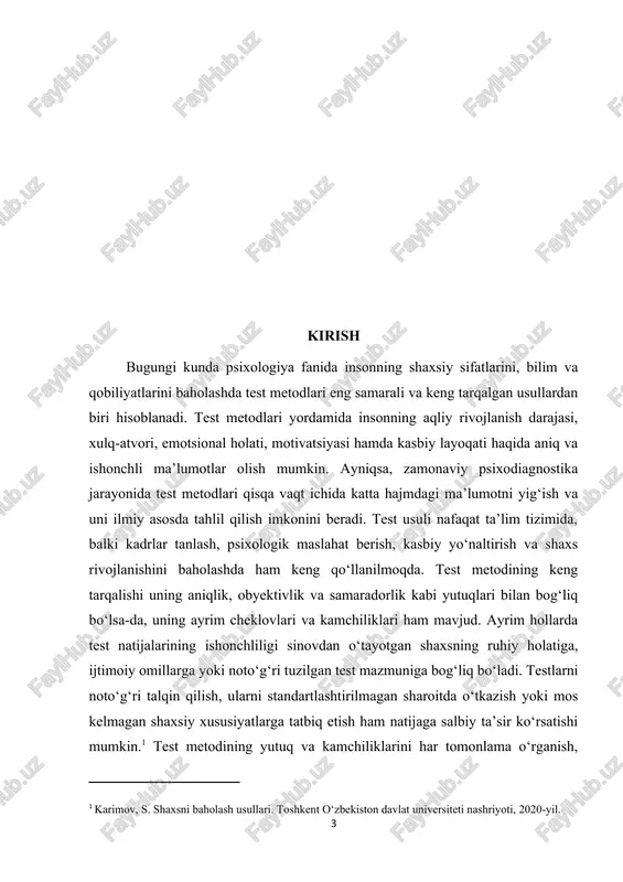 o, inson shaxsining psixologik xususiyatlarini ilmiy asosda baholash imkoniyatini berishida namoyon bo‘ladi. bu metod yordamida shaxsning aqliy rivojlanish darajasi, emotsional barqarorligi, shaxsiy sifatlari, ijtimoiy moslashuv darajasi va kasbiy layoqati kabi ko‘rsatkichlar aniq va obyektiv tarzda o‘lchanadi. test usullari bugungi kunda ta’lim tizimi, kadrlar siyosati, psixoterapiya, klinik psixologiya hamda ilmiy tadqiqotlarda eng ishonchli vositalardan biri sifatida keng qo‘llanilmoqda. test metodining yana bir muhim ahamiyati shundaki, u inson haqidagi ma’lumotlarni qisqa vaqt ichida to‘plash va ularni solishtirma tahlil qilish imkonini beradi. bu esa pedagogik va psixologik tashxis jarayonlarini yengillashtiradi, shuningdek, o‘quvchilarning bilim darajasini, shaxsiy rivojlanish bosqichlarini, kasbiy yo‘nalishini aniqlashda samarali natijalar beradi. test metodlari shaxsning ichki imkoniyatlarini, yashirin salohiyatini aniqlashda ham muhim ahamiyatga ega. to‘g‘ri tuzilgan testlar yordamida insonning kuchli va zaif tomonlarini bilish, unga individual yondashuvni tanlash, shuningdek, psixologik yordam ko‘rsatish jarayonini to‘g‘ri yo‘naltirish mumkin. shu jihatdan test metodining ahamiyati nafaqat ilmiy, balki amaliy nuqtai nazardan ham beqiyosdir. bugungi kunda raqamli …