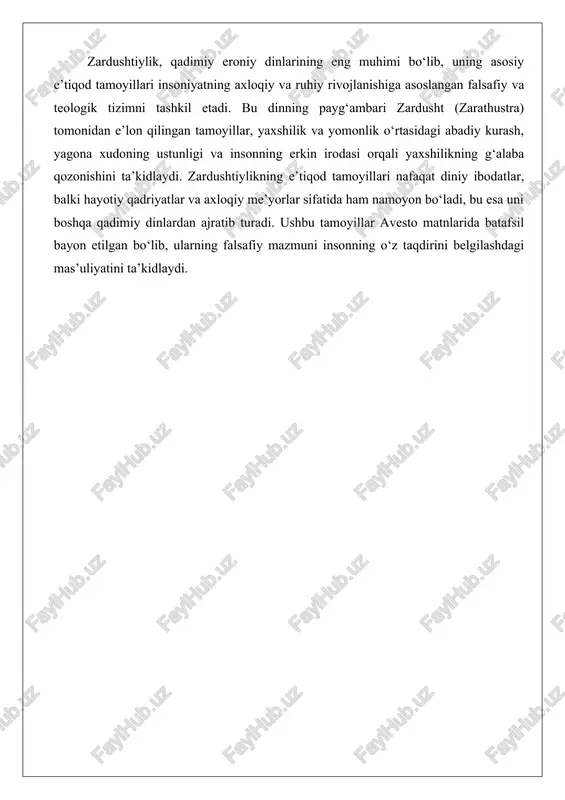 i: inson o‘z tanlovi orqali ahura mazdaning yaxshilik tomoniga qo‘shilishi yoki yovuzlikka moyil bo‘lishi mumkin. bu monoteizmning noyob shakli bo‘lib, unda xudo nafaqat yaratuvchi, balki insonning axloqiy tanlovlaridagi rahbar hamdir.tarixiy kontekstda ahura mazdaning tushunchasi ahamoniylar imperiyasida (miloddan avvalgi vi–iv asrlar) rasmiy din sifatida mustahkamlangan. masalan, kir ii va doro i yozuvlarida ahura mazda “osmon va yerning yaratuvchisi” deb ulug‘langan. keyingi davrlarda, sasanilar imperiyasida (iii–vii asrlar), bu tushuncha yanada rivojlangan va pahlaviy matnlarida (masalan, bundahishnda) ahura mazda cheksiz nurdan moddiy olamni yaratgan deb tasvirlangan. zardushtiylikning bu tamoyili boshqa dinlarga, jumladan, iudaizm va xristianlikka ta’sir ko‘rsatgan, chunki unda xudoning yagona va yaxshi tabiati ta’kidlangan. ahura mazdaning tushunchasi insonni passiv ibodatdan faol ishtirok etuvchiga aylantiradi: inson o‘z hayoti orqali xudoning rejasini amalga oshirishi kerak. bu falsafiy jihatdan insoniyatning maqsadini belgilaydi – yaxshilikni tarqatish va olamni mukammallashtirish.ahura mazdaning yagona ekanligi haqidagi e’tiqod zardushtiylikni henoteizm (bir xudoga ustunlik berish) va monoteizm o‘rtasidagi o‘tish bosqichi sifatida …