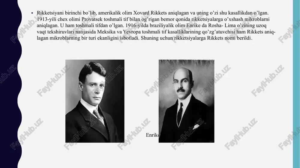 kuzatiladi bu bosh miyada miya shishi ko’rinishida namoyon bo’ladi klinikasi toshmali tifning yashirin davri 6 kundan 25 kungacha (o‘rtacha 12—14 kun) davom etadi. kasallik odatda o‘tkir boshlanadi. ba’zan 1—2 kun davomida bosh og‘rig‘i, et uvushishi va badan qaqshashi kuzatiladi. shundan keyin tana harorati 39—40°c gacha ko‘tariladi. tana harorati ko‘tarilishi bilan bir qatorda, boshqa intoksikatsiya belgilari ham rivojlanadi (kuchli bosh og‘rig‘i, ayrim paytlarda bosh aylanishi, ko‘ngil aynishi, holsizlik, uyqu buzilishi kabilar). bemorda qo‘zg‘alish (ko‘p gapirish, harakatchanlik) kuzatiladi. bemorning tashqi ko‘rinishi, ya’ni yuzining shishganligi va qizarganligi, ko‘zlarining yarqirab turishi, sklera inyeksiyasi («quyon ko‘z», «qizil yuzda qizil ko‘zlar»), lablar qurishi, teri issiqligi va quruqlashishi kasallikning xarakterli belgilaridandir klinikasi halqumda diffuz (tarqalgan) giperemiya, yumshoq tanglayda mayda qon quyilishlar kuzatiladi. 3—4-kuni konyunktivalarda mayda qon quyilishlar (petexiyalar) aniqlanadi. bu ayniqsa ko‘zga 1—2 tomchi adrenalin (1:1000) eritmasidan tomizilganda yanada yaqqolroq ko‘rinadi. bu tashxis belgisi kiari-avsin simptomi deb yuritiladi. kaft terisi ba’zida sariq tusda bo‘ladi. nafas olish odatda …