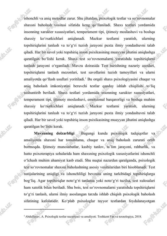 sixologik xususiyatlarini baholash usullari yoritilgan. topshiriqlarni tanlash, ularni shakllantirish va tahlil qilish bo‘yicha metodik ko‘rsatmalar ishlab chiqilgan. psixologik testlarning ishonchliligi va aniqligini ta’minlashda topshiriqlar tili, savolning mazmuni, savollar ketma-ketligi va test tuzilmasi muhim ahamiyatga ega ekani ta’kidlangan. so‘nggi yillarda raqamli texnologiyalar asosida tuzilgan testlar, onlayn so‘rovnomalar va mobil ilovalar orqali test tuzish usullari ham rivojlanmoqda. bu esa test topshiriqlarini tanlashda yangicha yondashuvlarni talab qilmoqda. shaxs test so‘rovnomalarini tuzish va ularning topshiriqlarini tanlash bo‘yicha muayyan ilmiy asoslar mavjud. biroq, amaliyotda test savollarining aniqligi, madaniy mosligi, va diagnostik qiymati bilan bog‘liq masalalar hali to‘liq hal etilmagan. shu sababli ushbu mavzuni chuqurroq o‘rganish dolzarb hisoblanadi. kurs ishining ahamiyati shaxsni chuqur o‘rganish va uni to‘g‘ri baholash psixologik tadqiqotlar, ta’lim, kadrlar tanlash, ruhiy sog‘liqni aniqlash va boshqa ko‘plab sohalarda muhim o‘rin egallaydi. psixologik test so‘rovnomalar bu jarayonda eng asosiy vositalardan biri hisoblanadi. ammo testdan kutilgan aniq va ishonchli natijalarni olish, aynan uning tarkibidagi topshiriqlarning sifati, …