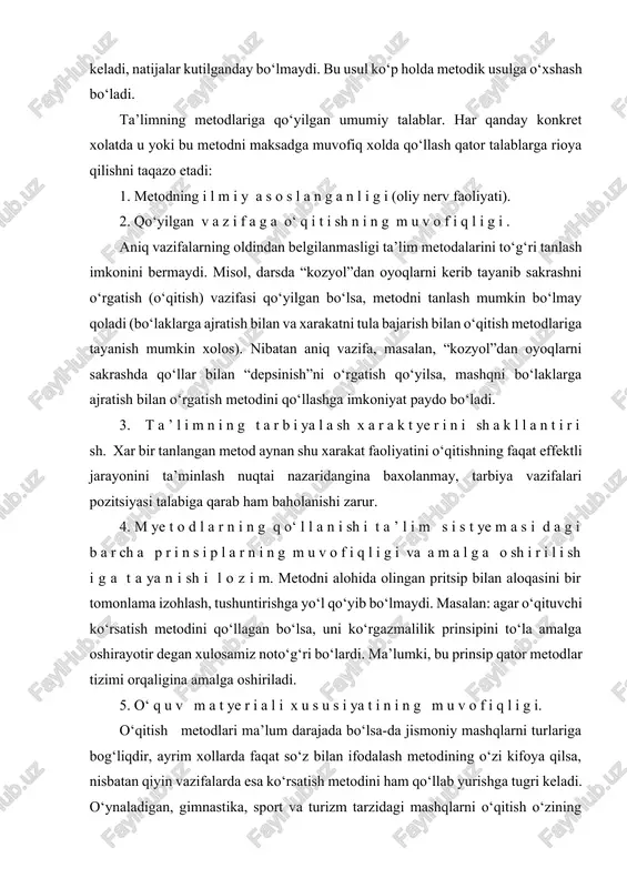 ko‘rsatish metodini qo‘llagan bo‘lsa, uni ko‘rgazmalilik prinsipini to‘la amalga oshirayotir degan xulosamiz noto‘g‘ri bo‘lardi. ma’lumki, bu prinsip qator metodlar tizimi orqaligina amalga oshiriladi. 5. o‘ q u v m a t ye r i a l i x u s u s i ya t i n i n g m u v o f i q l i g i. o‘qitish metodlari ma’lum darajada bo‘lsa-da jismoniy mashqlarni turlariga bog‘liqdir, ayrim xollarda faqat so‘z bilan ifodalash metodining o‘zi kifoya qilsa, nisbatan qiyin vazifalarda esa ko‘rsatish metodini ham qo‘llab yurishga tugri keladi. o‘ynaladigan, gimnastika, sport va turizm tarzidagi mashqlarni o‘qitish o‘zining xususiy metodlariga ega emas. metodlar jismoniy mashqlarning barcha turlari uchun bir xildir. shu bilan birga bu turlarning har qaysisi qandaydir darajada bo‘lsa-da, bir xil metodik usullardan foydalanishga yo‘nalgan bo‘lib boshqalaridan nisbatan ozroq foydalaniladi. bunday qaramlilik qanchalar kam bo‘lsa o‘qitish natijasi shuncha yaxshi bo‘ladi. 6. o‘ q u v ch i …