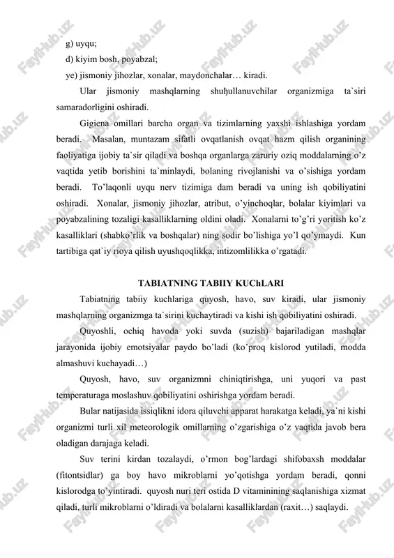 erkin ifodali bo’la boradi, ijobiy xislar paydo qiladi, to’g’ri qad-qomatni shakllanishiga yordam beradi. shuning uchun raqs va o’yin elementlari (galop, oyošlarni yonma-yon qo’yish kabilar) jismoniy tarbiya vositalari sifatida foydalaniladi. xilma-xil faoliyat turlariga kiruvchi harakatlar. xilma-xil faoliyat turlari (mehnat, rasm, chizish, narsa yasash…) ga kiruvchi harakatlar agar qomatni to’g’ri tutishga rioya qilinsa, shuningdek jismoniy yuklamalar bolalarning yosh va individual xususiyatlari, sog’lig’ining ahvoli, jismoniy rivojlanishi va tayyorlanganligini hisobga olgan holda berilsagina bola organizmiga ijobiy ta`sir etish mumkin. massaj (silash, surtish, uqalash, shapatilash, titratish) teriga ta`sir qilib, bolaning butun organizmiga ta`sir etadi. massaj qon tomiri tizimiga ham ta`sir qiladi. terida nerv uchlari ta`sirlariga javob tarišasida tomir reflekslari yuzaga keladi, kapilyarlar kengayadi qon aylanishi kuchayadi, issiqlik chiqarish ortadi. massaj organizmni issiq havodan qizib ketishidan saqlaydi. massaj ta`sirida yog’ va ter bezlarining sektor funktsiyasi yaxshilanadi, mushaklarda oksidlanish-šaytarilish jarayoni va ularning qisqarish qobiliyati ortadi. massaj limfa tizimiga ta`sir qilib, suyuqlik oqimini tezlashtiradi. turli yosh bosqichlarida ko’rsatib …