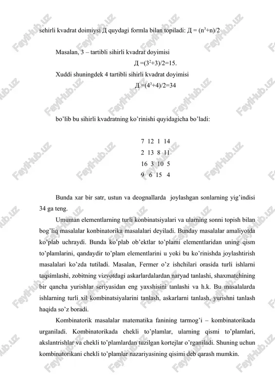n (9 ta elementdan emas). buning sababi d, e elementlar ikkala to’plamda ham bor bo’lib to’plamda ular bir marta qatnashadi. demak, 9 dan 2 ni ayirib tashlash kerak, y’ni n( ) = n(a)+n(b) – n( ) = 5+4-2=7. 3. ko’paytirish qoidasi. a = { , ,..., } va b = { , ,.., } to’plamlar berilgan bo’lsin. bu to’plamlar elementlaridan nechta ( , ) juftlik tuzish mumkinligini ko’rsatamiz. barcha juftliklar quyidagicha joylashtrilishi mumkin: ( , ( embed equation.3 ,…, ( ( , ( , ,…, ( , ( , ( ,…, ( bu jadvalda n ta satr va m ta ustun bo’lib, ulardagi barcha juftliklar soni nm ga teng. bu yerda ko’paytma qoidasi ko’rinishda yoziladi. umuman isbotlash mumkinki ko’paytma qoidasiga oid kombinatorika masalasining umumiy ko’rinishi quidagidan iborat: agar elementni m usul, y elementni n usul bilan tanlash mumkin bo’lsa, ) tartiblangan juftlikni usul bilan tanlash mumkin. masalan, 1dan 9gacha sonlardan …