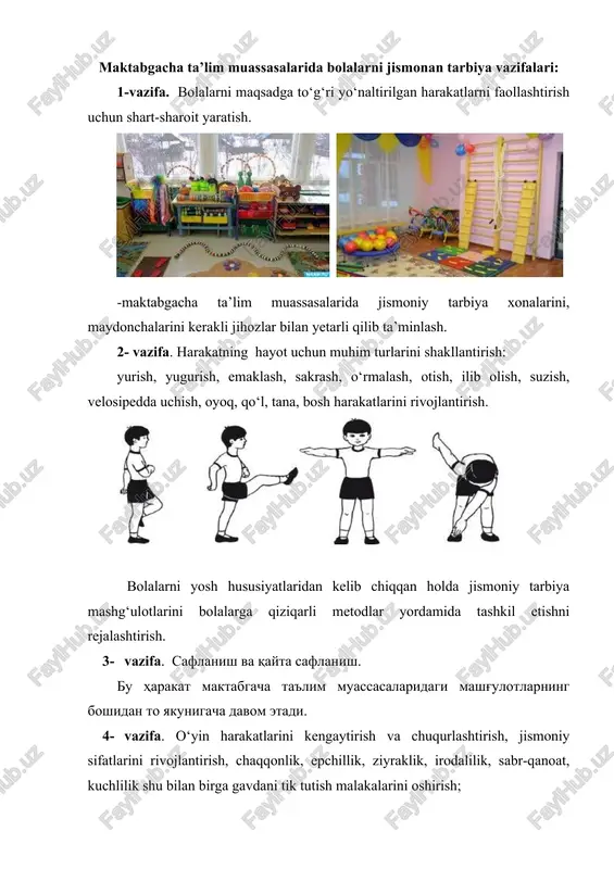 berish. maktabgacha ta’lim muassasaslarida jismoniy tarbiya mashg‘ulotlarini jismoniy tarbiya yo‘riqchisi olib boradi va barcha guruhlar uchun mashg‘ulot ishlanmalarini 08-02 raqamdagi ish rejasida bir yil uchun 72 mashg‘ulot ishlanmasini shakllantiradi. maktabgacha yoshdagi bolalarning jismoniy sifatlarini rivojlantirish. bolalarning harakatli faoliyati ularda asosiy jismoniy sifatlarni rivojlantirish bilan bog‘liqdir. bunga chaqqonlik, epchillik, kuchlilik, matonat singari sifatlar kiradi. amalda mazkur sifatlarning hech birini alohida olib rivojlantirishni tasavvur qilish ham mumkin emas. turli jismoniy sifatlarni tarbiyalash aslida bolaning jismoniy jihatdan har tomonlama rivojlanishidek yagona jarayonning turli tomonlaridir. chunki bunday rivojlanish natijasida organizmning miqdoriy imkoniyatlarida umumiy yuksalish sodir bo‘ladi. lekin baribir yuqorida sanab o‘tilgan jismoniy sifatlarning har birini tarbiyalashning o‘ziga xos xususiyatlari mavjuddir. chaqqonlik-bu faoliyat davomida paydo bo‘ladigan kutilmagan shartsharoitlarga binoan harakat faoliyatini tezlik bilan yangi harakatlarni egallay olish qobiliyatidir. chaqqonlikni tarbiyalashda harakatlarning uyg‘unligini rivojlantirish, ularning sur’ati va ko‘lamini, muskullarning zo‘riqishi va bo‘shashi darajasini bir-biridan farq qilish, shuningdek, vaqtga va joyga moslashib mo‘ljal ola bilish mahorati asosida …
