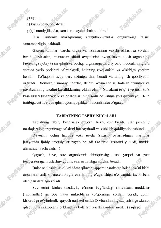 erkin ifodali bo’la boradi, ijobiy xislar paydo qiladi, to’g’ri qad-qomatni shakllanishiga yordam beradi. shuning uchun raqs va o’yin elementlari (galop, oyošlarni yonma-yon qo’yish kabilar) jismoniy tarbiya vositalari sifatida foydalaniladi. xilma-xil faoliyat turlariga kiruvchi harakatlar. xilma-xil faoliyat turlari (mehnat, rasm, chizish, narsa yasash…) ga kiruvchi harakatlar agar qomatni to’g’ri tutishga rioya qilinsa, shuningdek jismoniy yuklamalar bolalarning yosh va individual xususiyatlari, sog’lig’ining ahvoli, jismoniy rivojlanishi va tayyorlanganligini hisobga olgan holda berilsagina bola organizmiga ijobiy ta`sir etish mumkin. massaj (silash, surtish, uqalash, shapatilash, titratish) teriga ta`sir qilib, bolaning butun organizmiga ta`sir etadi. massaj qon tomiri tizimiga ham ta`sir qiladi. terida nerv uchlari ta`sirlariga javob tarišasida tomir reflekslari yuzaga keladi, kapilyarlar kengayadi qon aylanishi kuchayadi, issiqlik chiqarish ortadi. massaj organizmni issiq havodan qizib ketishidan saqlaydi. massaj ta`sirida yog’ va ter bezlarining sektor funktsiyasi yaxshilanadi, mushaklarda oksidlanish-šaytarilish jarayoni va ularning qisqarish qobiliyati ortadi. massaj limfa tizimiga ta`sir qilib, suyuqlik oqimini tezlashtiradi. turli yosh bosqichlarida ko’rsatib …