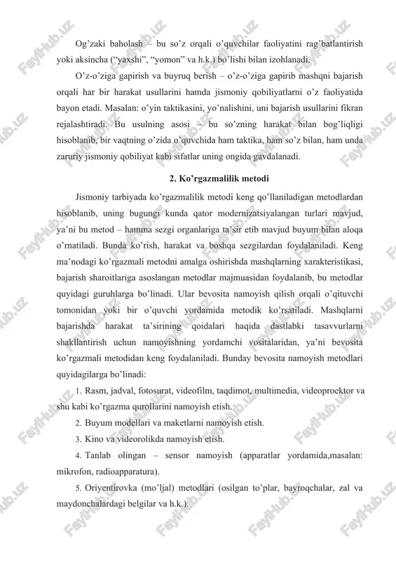 ilish kabi xususiyatlari jihatdan) farq qiladigan tomonlarini ifoda etadi. jismoniy tarbiyaning o’yin metodi uchun quyidagi belgilar xarakterlidir: 1. faoliyatni obrazli yoki shartli “syujet” (o’yin maqsadi, rejasi) asosida tashkil etish, bunda vaziyatning doimiy va ko’proq darajada bexosdan o’zgarishi bilan muayyan maqsadga erishish nazarda tutiladi. 2. maqsadga erishish xilma-xilligi va faoliyatning majmuaxarakterda bo’lishi (masalan, jismoniy qobiliyatlarga oid yugurish, sakrash, irg’itish). 3. shug’ullanuvchilarning bemalol mustaqil harakat qilishi, ularni tashabbus va chaqqonlik ko’rsatishlariga, topqir bo’lishlariga, harakat faoliyatlariga yuksak talablar qo’yish. 4. shug’ullanuvchilar harakatining bir-biriga bog’liqligi, yorqin emotsionallik holatini yuzaga keltirish orqali ularda jismoniy qobiliyatlarni rivojlantirishga yo’naltirish. 5. jismoniy yuklamalar me’yorini belgilash. 4. musobaqa metodi jismoniy tarbiya jarayonida musobaqa metodi mashg’ulot o’tkazish davomida (mazkur mashg’ulotga kiritilgan jismoniy qobiliyatlar uchun alohida mashq bilan birgalikda), mustaqil o’yin shaklida (mo’ljal, nazorat va sport musobaqalari) qo’llaniladi. musobaqa metodi birmuncha ravshan xarakterlovchi xususiy birinchilik yoki yuqori natijaga erishish uchun kurashda kuchlarni sinashdir. musobaqa jarayonida, shuningdek, ularni tashkil qilish va o’tkazish …