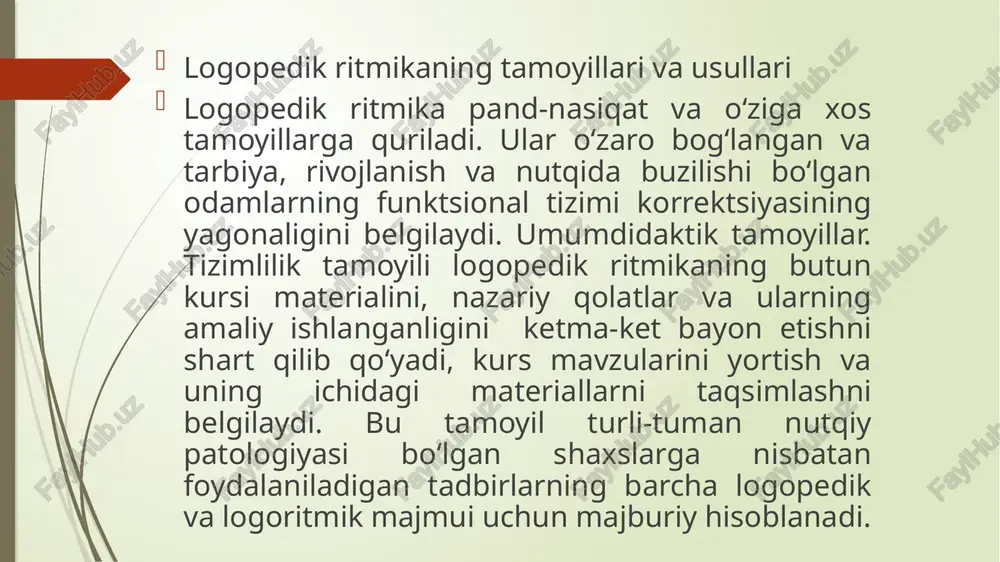 tiradi. masalan, musiqa xarakterining o‘zgarishi bilan boqliq ravishda mashqlarni qanday o‘zgartirish, boshqa qoidalar bilan harakatlanuvchan o‘yinlarni olib borish, o‘yinlar variantlarini tuzish, yangilarini o‘ylab topish. image1.png image2.jpeg image3.png /docprops/thumbnail.jpeg logopedik ritmikaning usullari