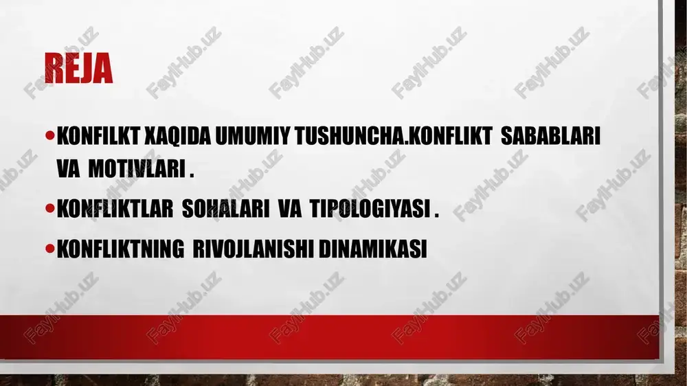 i bo’yicha rivojlanadi: bir tarafning harakati ikkinchi tarafning qarshi harakati bilan birga kechadi va bu keyingi harakat o’z oqibatlarining ko’lamiga ko’ra konflikt boshlanishi nuqtasidagiga aynan bo’lmaydi. bir tarafning harakatlari boshqa tarafning ko’p marta kuchliroq va o’z navbatida yangi tajovuzkor bo’lgan javob harakatlarini keltirib chiqaradi. konflikt eskalasiyasi odatda vaziyatni shunchalik chigallashtiradiki, bunda konfliktda haq yoki aybdorlarni topish mumkin bo’lmay qoladi. xulosa . o‘quvchilar orasidagi konfliktlar tabiiy hodisa bo‘lsa-da, ularni samarali boshqarish va oldini olish ta’lim jarayonining muhim qismi hisoblanadi. bu jarayonda o‘qituvchilar, ota-onalar va psixologlarning hamkorligi katta ahamiyatga ega. mojarolarni to‘g‘ri hal qilish o‘quvchilarning ruhiy barqarorligini, o‘zaro hurmatni va samarali o‘qish muhitini ta’minlaydi. eng muhimi, konfliktlarni rivojlanish imkoniyati sifatida qabul qilib, o‘quvchilarga hayotiy muammolarni hal qilish ko‘nikmasini berish lozim. foydalanilgan adabiyotlar ro`yxati. 1. a x m e d o v a m .t .p edagogi k k o n f l i k to l o gi ya .-t .:a d …