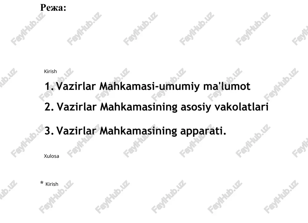 radi. me,yoriy xarakterdagi vazirlar mahkamasining qarorlari o'zbekiston respublikasi hukumati qarorlari to'plamida nashr etiladi. zudlik bilan keng ommaga yetkazilishi zaruratida esa ommaviy axborot vositalaridan foydalaniladi. vazirlar mahkamasi «pravda vostoka» gazetasining muassisi, shuningdek, «xalq so'zi» va «narodnoe slovo» gazetalarining ham muassisi hisoblanadi. o'zbekiston respublikasi bosh vaziri vazirlar mahkamasi faoliyatini tashkil etadi va unga rahbarlik qiladi, uning samarali ishlashi uchun shaxsan javobgar bo'ladi, vazirlar mahkamasining majlislariga raislik qiladi, uning qarorlarini o'zbekiston respublikasi prezidentining binoan xalqaro munosabatlarda o'zbekiston vazirlar mahkamasi nomidan ish ko'radi respublikasi qonunlarida, o'zbekistonimzolaydi, topshirig'iga respublikasi o'zbekiston respublikasi prezidentining farmonlari, qarorlari va vazirlar mahkamasi qarorlari o'zbekiston respublikasi bosh vaziri o'zbekiston respublikasi bosh vaziri farmoyishlarida nazarda tutilgan boshqa vazifalarni bajaradi. vazirlar mahkamasining majlislari. vazirlar mahkamasining rejadan tashqari majlislari. vazirlar mahkamasining asosiy vakolatlari vazirlar mahkamasining majlislari yilning har choragida kamida bir marta o'tkaziladi. majlislarni vazirlar mahkamasining raisi yoki uning topshirig'iga ko'ra o'zbekiston respublikasining bosh vaziri olib boradi. vazirlar mahkamasining doimiy organi sifatida bosh vazir …