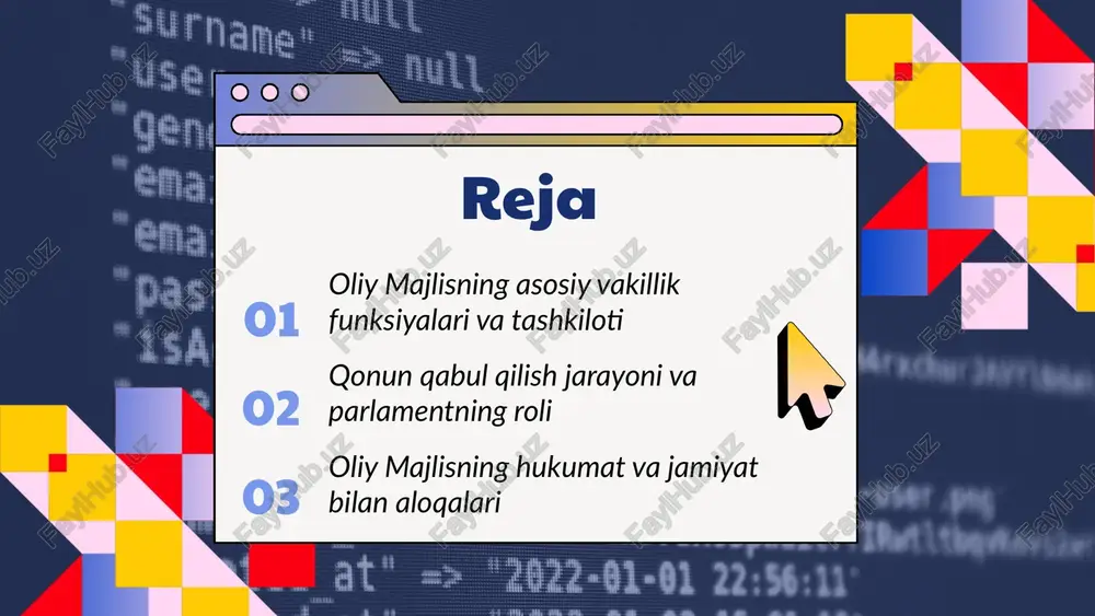 , oliy majlis rol o'ynaydi. 01 02 03 04 taklif etish bosqichi qonun taklif qilish jarayoni qonun loyihasi tayyorlanadi, mualliflar muammolar va maqsadlarni belgilaydi. oliy majlisda taklif qilish qonun loyihasi parlamentga kiritiladi, muhokama qilinadi va qabul yoki rad etiladi. ma'lumotlar va jarayonlar taklif qilish maqsadlari qonunlarni takomillashtirish va jamiyat ehtiyojlariga moslashtirishdir. loyihaning muhokamasi loyihalar ekspertlar va ommaviy fikrlar bilan muhokama qilinib, qonuniyligi ta'minlanadi. 01 02 03 04 muhokama jarayoni qonun muhokama bosqichlari qonun loyihasi komissiyalarda muhokama qilinadi, ekspertlar fikri va jamoatchilik ishtiroki muhim. ekspertlar va jamoatchilik fikri ekspertlar qonunning qonuniyligi va amaliyligini baholaydi, jamoatchilik esa keng muhokamada ishtirok etadi. oliy majlisda muhokama ahamiyati oliy majlisda ochiq muhokama bo‘lib, deputatlar fikr almashadi, qonunning qonuniyligi va jamiyat ehtiyojlariga mosligi ta'minlanadi. qonun qabulidagi muhokama roli muhokama shaffoflik va keng muhokama orqali qonunning sifatini oshiradi, qonun huquqiy kuchini mustahkamlaydi. 01 02 03 04 ovoz berish jarayoni tayyorgarlik va qoidalar ovoz berish uchun qonun loyihasi …