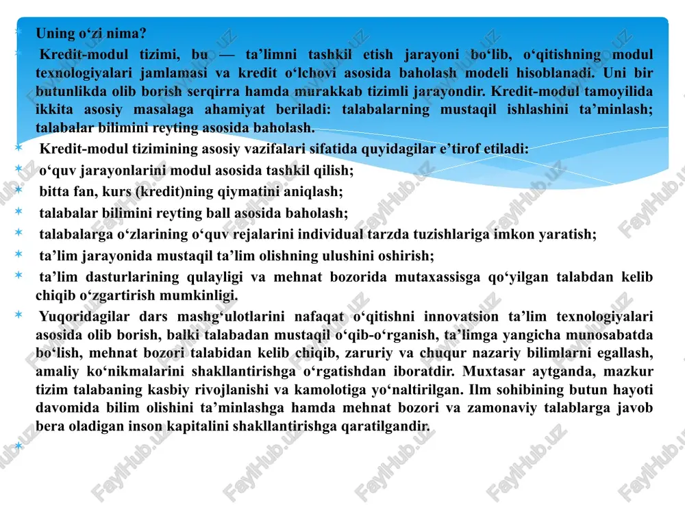 an har bir fanning qisqacha mazmuni (sillabus), ya’ni ma’ruzalar mavzulari, seminar va amaliy mashg‘ulotlarning rejasi, mustaqil ta’limni baholash uchun mo‘ljallangan topshiriqlar; o‘qitishning qisqacha bayoni: ta’lim berish usul hamda vositalari; bilimlarni baholashning usul va shakllaridan ­iborat. modul asosida o‘qitish tizimida talabalar bilimi, malakasi hamda ko‘nikmasini baholashda reyting baholash tizimidan foydalaniladi. unda talabaning barcha o‘quv faoliyati, ya’ni auditoriya va auditoriyadan tashqarida olgan, o‘zlashtirgan bilimlari ball berish orqali baholanadi. kredit (credit) — talabaning alohida ta’lim yo‘nalishi yoki dasturi (kurs) bo‘yicha fanlarni o‘qib o‘rganishi va o‘z­lashtirishi uchun sarflangan o‘quv yuklamasining (vaqtning) o‘lchov birligidir. ­kredit — talabaning me’yoriy hujjat bilan belgilangan, odatda bir hafta davomida auditoriyada va mustaqil ravishda ta’lim olishi uchun ajratilgan minimal vaqt o‘lchovidir. talabaga kredit ma’lum bir fandan belgilangan topshiriqlarni bajarib, yakuniy imtihondan muvaffaqiyatli o‘tgandan so‘ng beriladi. har bir talaba kelajakda tanlagan yo‘nalishi va mutaxassisligi bo‘yicha diplomga ega bo‘lishi uchun kreditlarni yig‘ib borishi lozim. to‘plangan kredit talabaga butun umr davomida o‘zining malakasini …